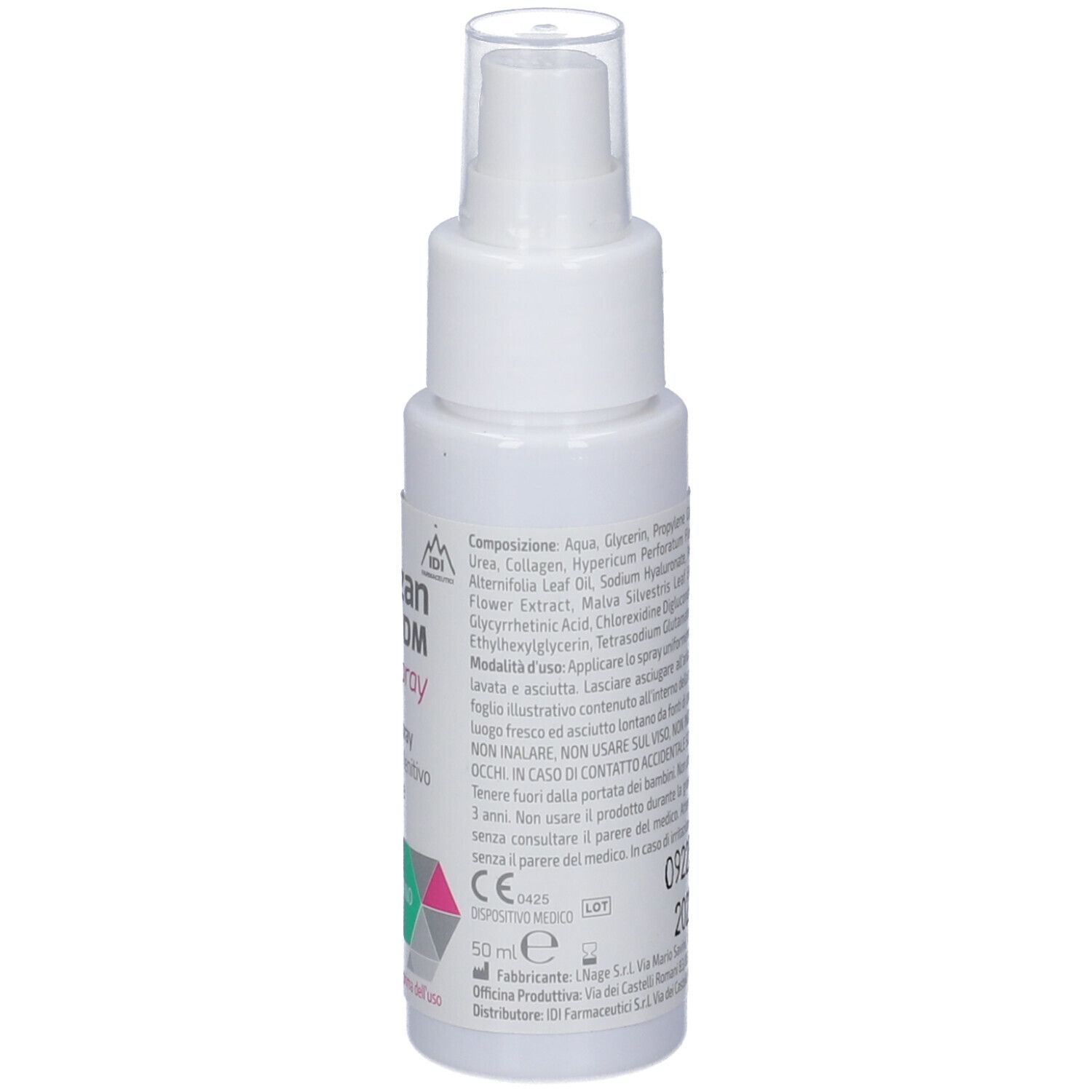 Weißes Sprayfläschchen. Aufkleber mit Inhaltsstoffen und Anwendungshinweisen. Text in italienischer Sprache. Herstellerinformationen.