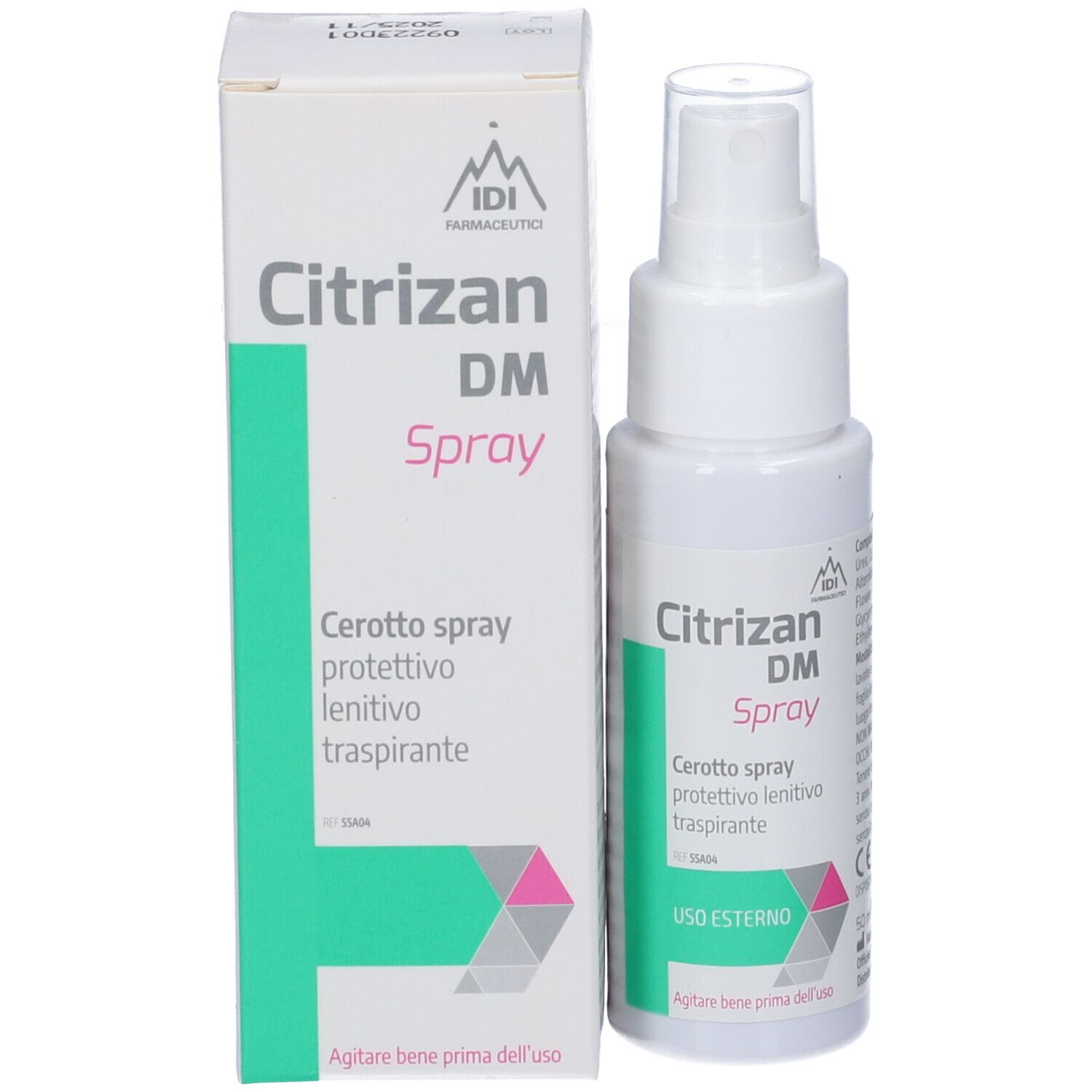 Produktverpackung und Sprayfläschchen. Aufschrift: Citrizan DM Spray. Text: Cerotto spray protettivo lenitivo traspirante. Grün-weißes Etikett.