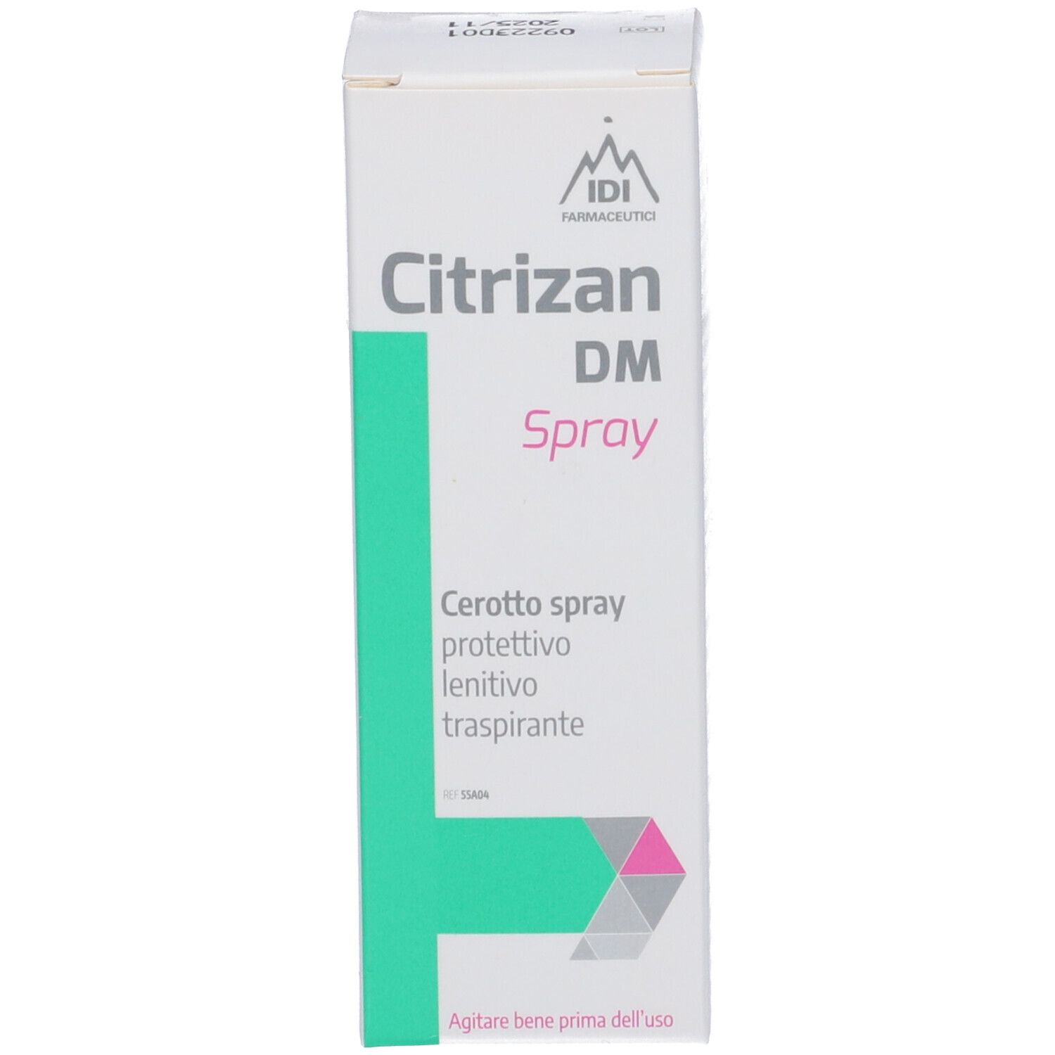 Produktverpackung. Aufschrift: Citrizan DM Spray. Text: Cerotto spray protettivo lenitivo traspirante. Grün-weißes Etikett.