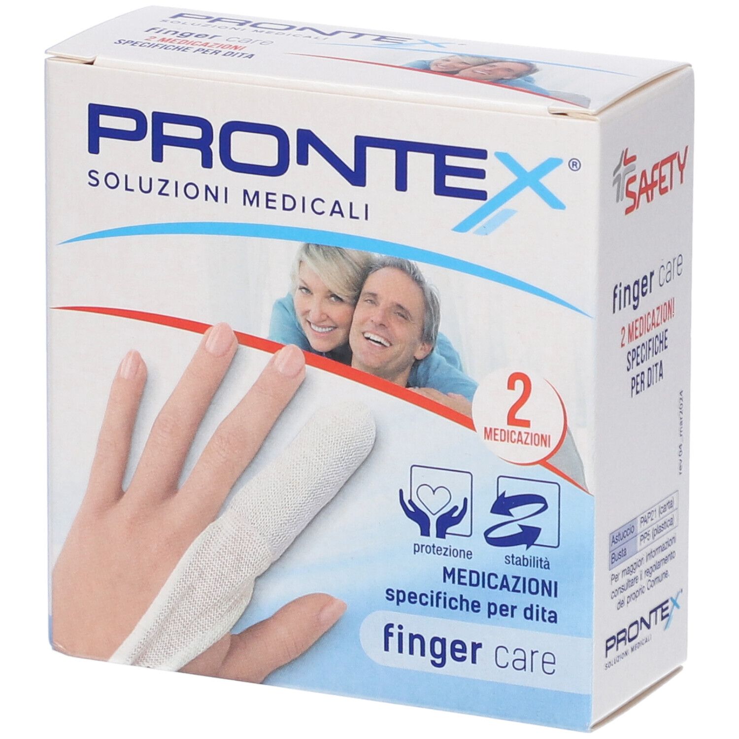 Verpackung von Prontex Finger Care. Zeigt eine Hand mit Fingerverband. Aufschrift: 2 medicazioni specifiche per dita.