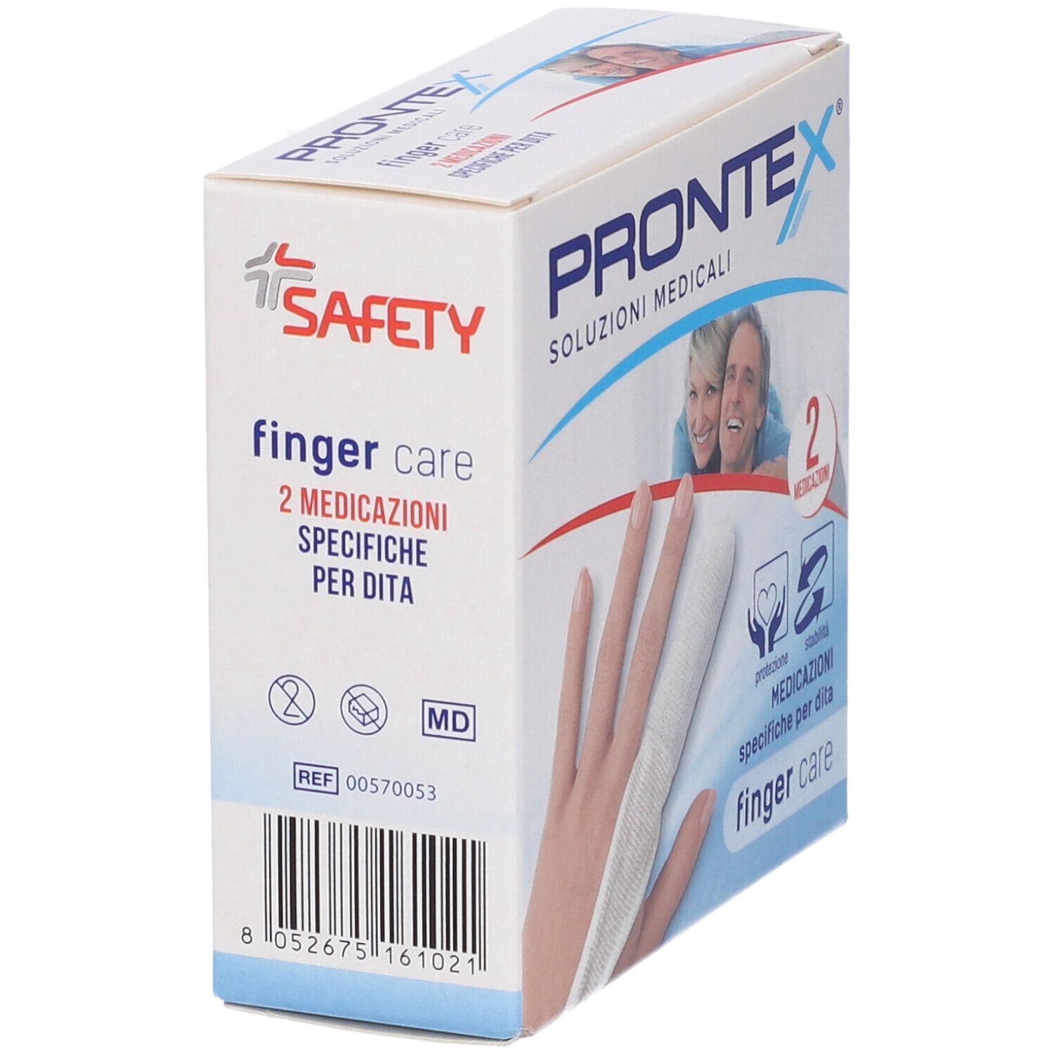 Seitenansicht der Prontex Finger Care Verpackung. Enthält Produktinformationen und Barcode. Aufschrift: finger care.