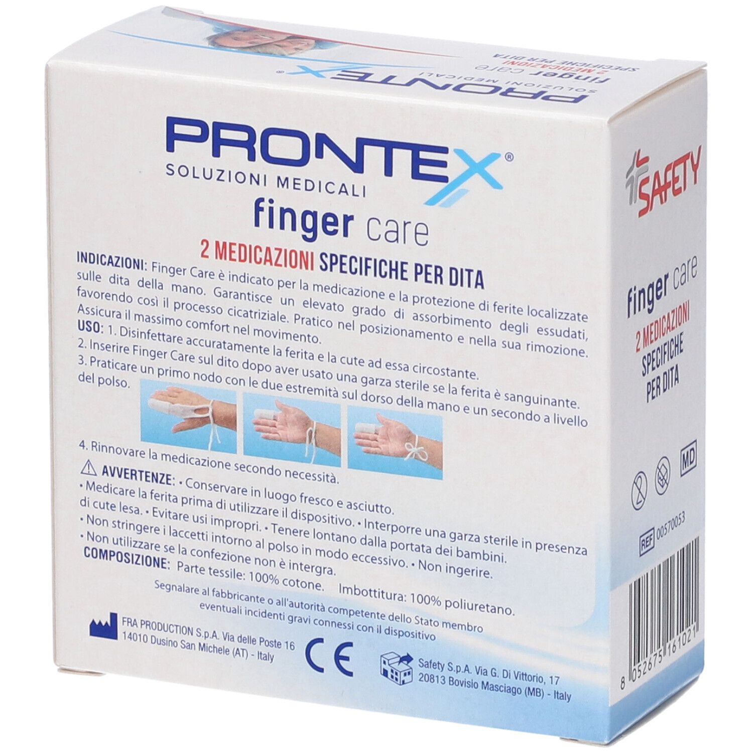 Rückseite der Prontex Finger Care Verpackung. Enthält Produktinformationen und Anweisungen. Aufschrift: finger care.