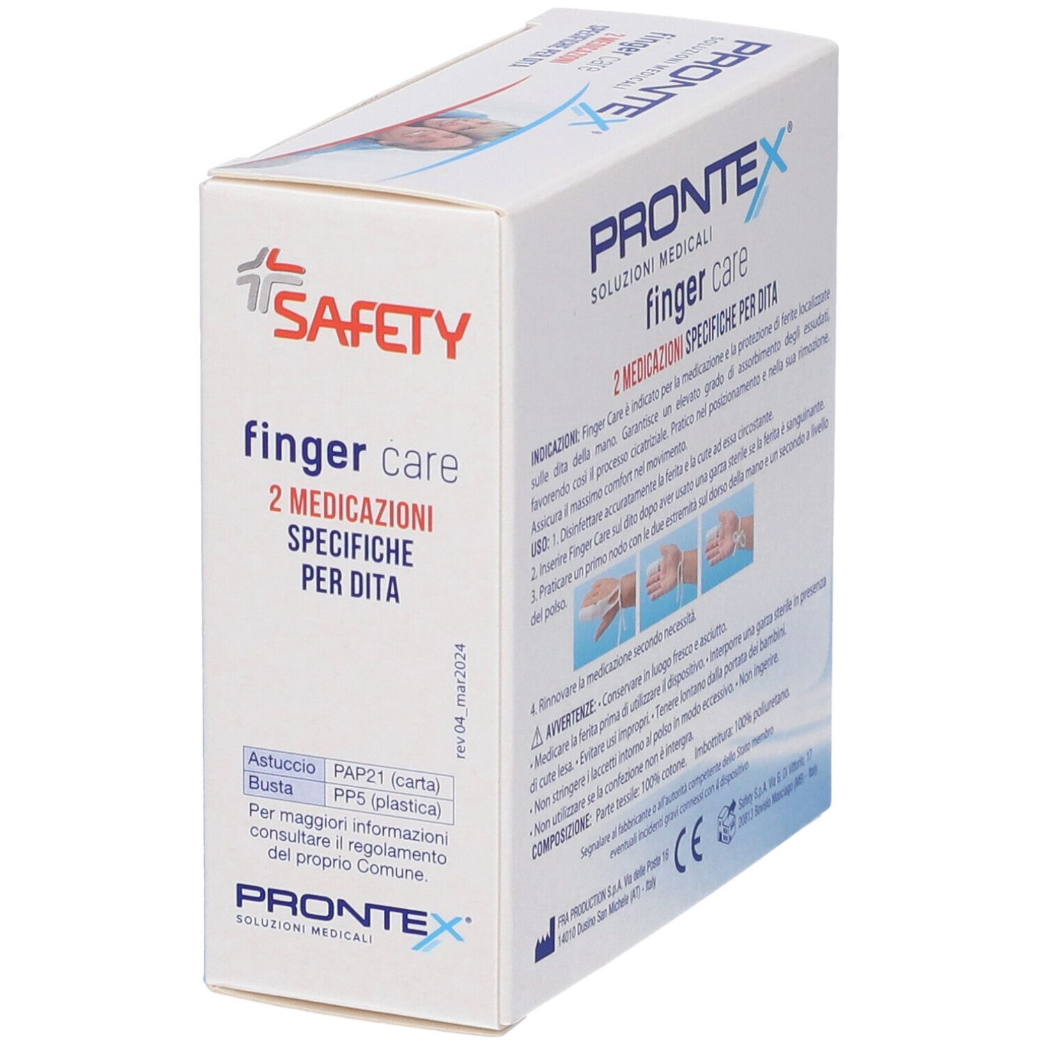 Seitenansicht der Prontex Finger Care Verpackung. Enthält Produktinformationen und Anweisungen. Aufschrift: finger care.