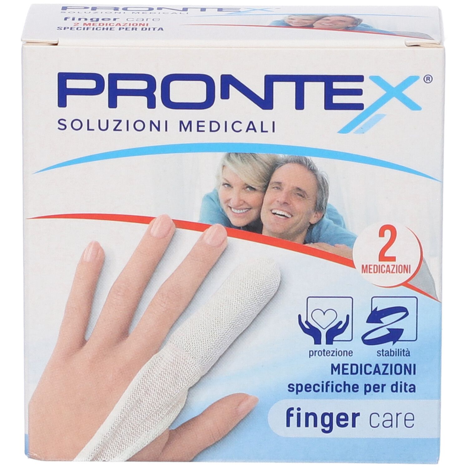 Vorderansicht der Prontex Finger Care Verpackung. Zeigt eine Hand mit Fingerverband. Aufschrift: 2 medicazioni specifiche per dita.