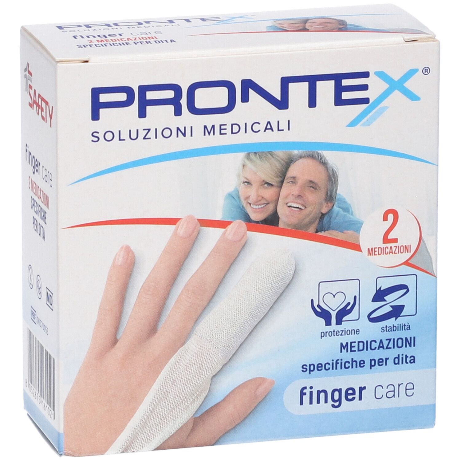 Vorderansicht der Prontex Finger Care Verpackung. Zeigt eine Hand mit Fingerverband. Aufschrift: 2 medicazioni specifiche per dita.