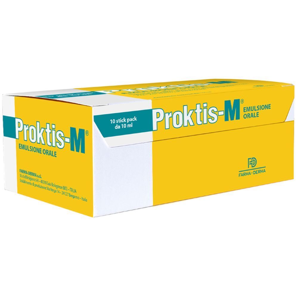 Confezione gialla e bianca. Scritta: Proktis-M, Emulsione Orale. Contiene 10 stick da 10 ml. Marchio: Farma-Derma.
