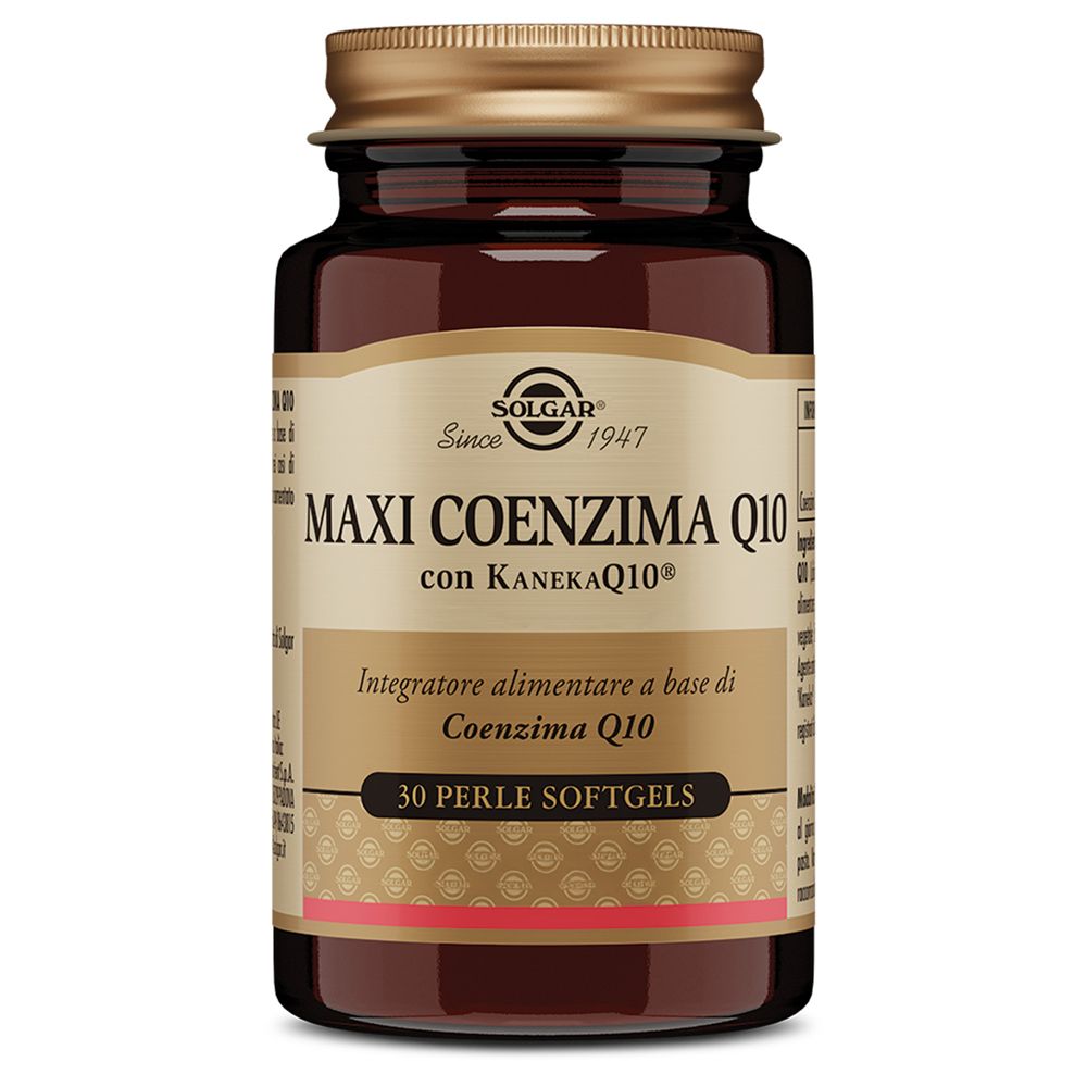 Flacone di vetro marrone con tappo dorato. Scritta: SOLGAR Maxi Coenzima Q10. 30 softgels.