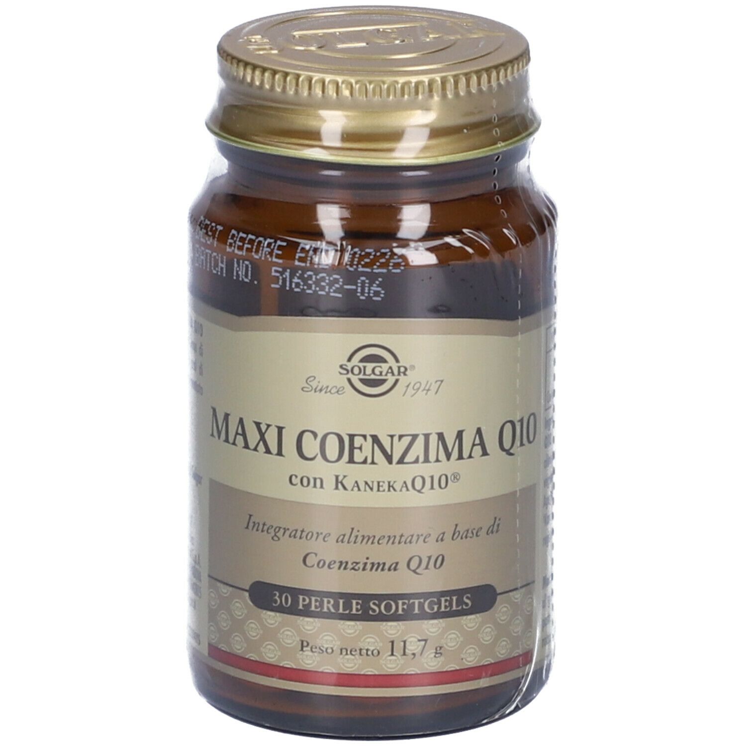 Flacone di vetro marrone con tappo dorato. SOLGAR Maxi Coenzima Q10. 30 softgels. Peso netto 11,7 g.