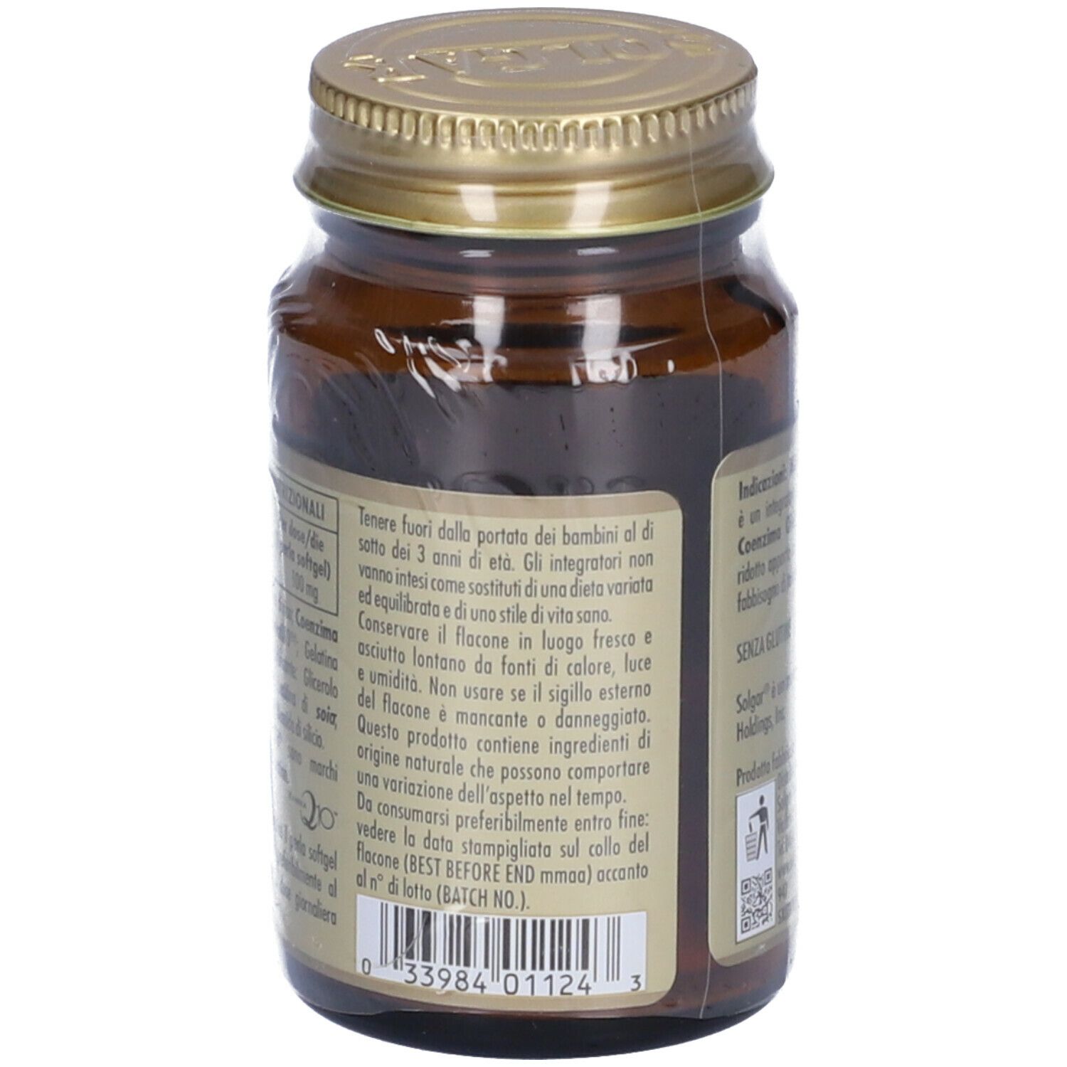 Retro di un flacone di vetro marrone con tappo dorato. Testo: Maxi Coenzima Q10. Contiene ingredienti di origine naturale.