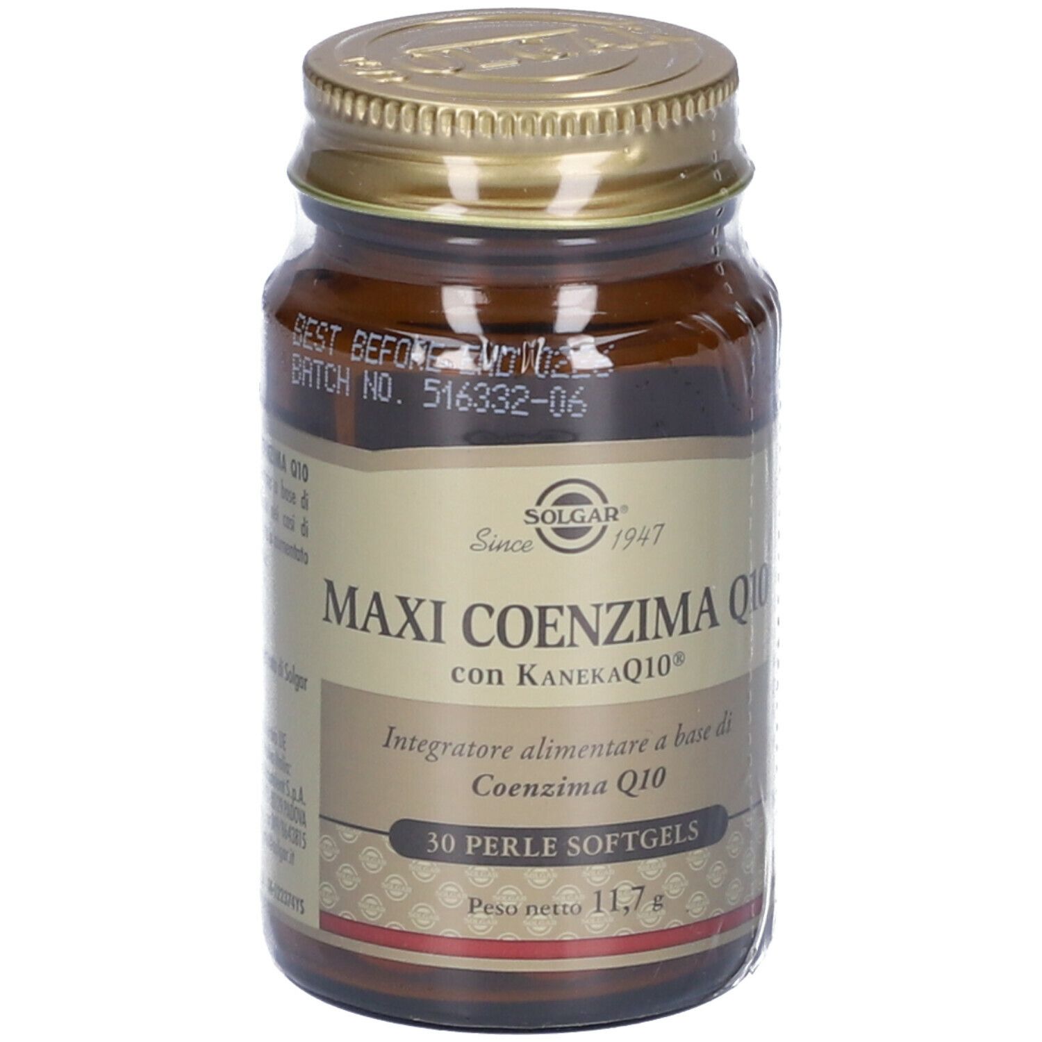 Flacone di vetro marrone con tappo dorato. SOLGAR Maxi Coenzima Q10. 30 softgels. Peso netto 11,7 g.