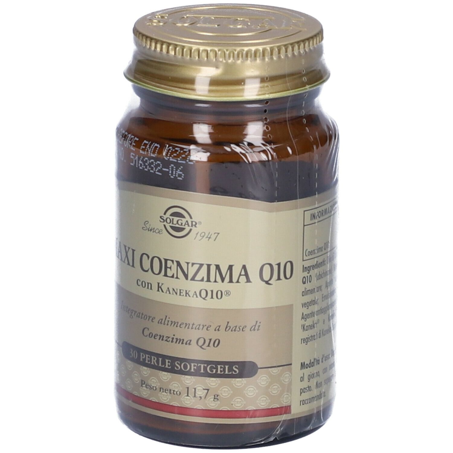 Flacone di vetro marrone con tappo dorato. SOLGAR Maxi Coenzima Q10. 30 softgels. Peso netto 11,7 g.