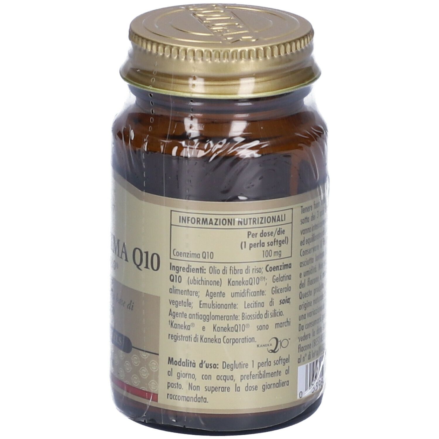 Retro di un flacone di vetro marrone con tappo dorato. Testo: Maxi Coenzima Q10. Informazioni nutrizionali. Ingredienti.