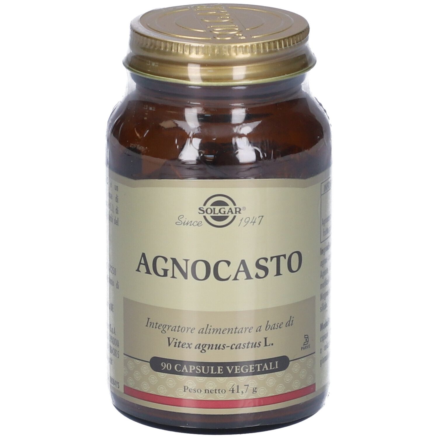Flacone vetro marrone SOLGAR® Agnocasto. 90 capsule. Peso netto 41,7g. Tappo dorato.