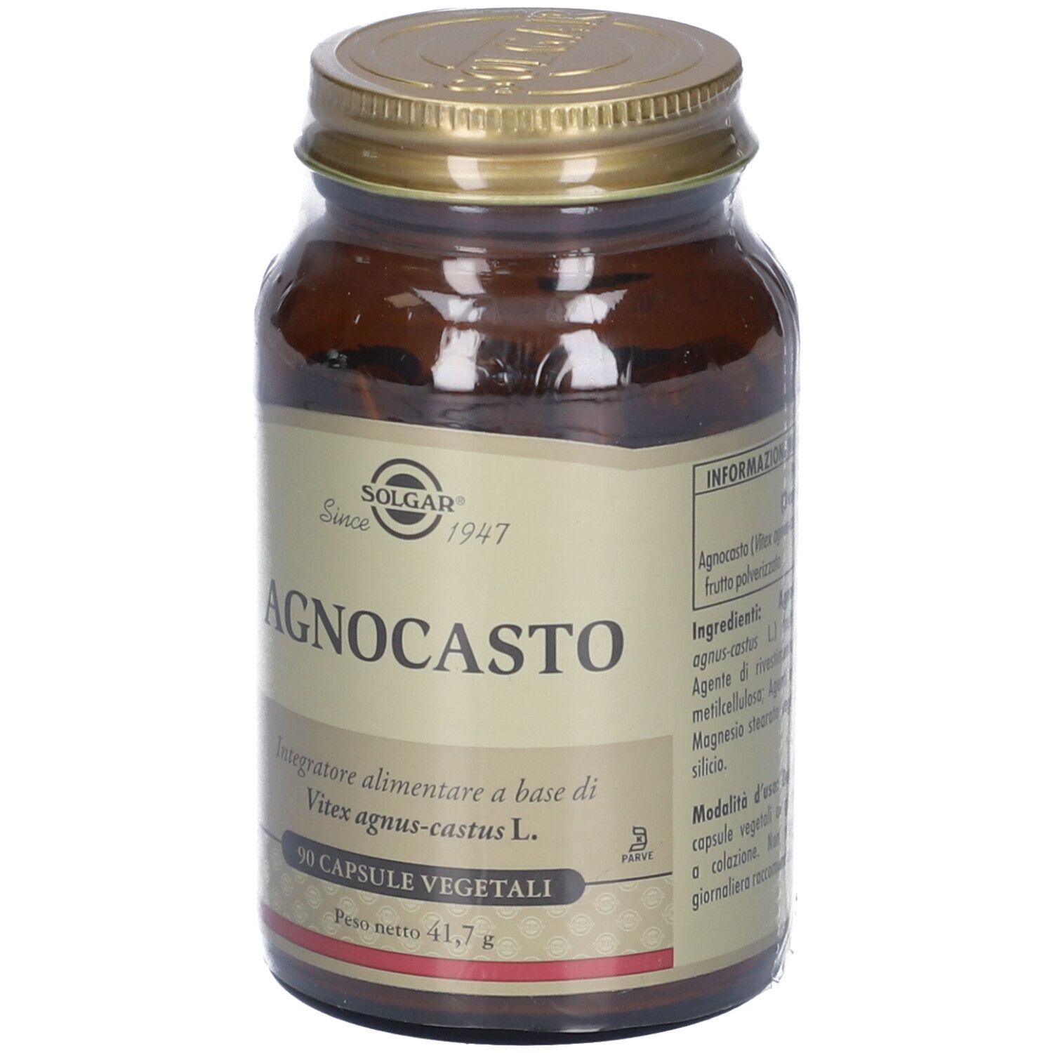 Flacone vetro marrone SOLGAR® Agnocasto. 90 capsule. Peso netto 41,7g. Tappo dorato.