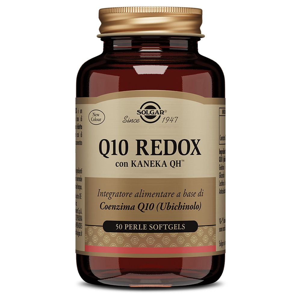 Flacone di vetro marrone con tappo dorato. Scritta: Q10 REDOX, 50 Perle Softgels. Marchio SOLGAR.