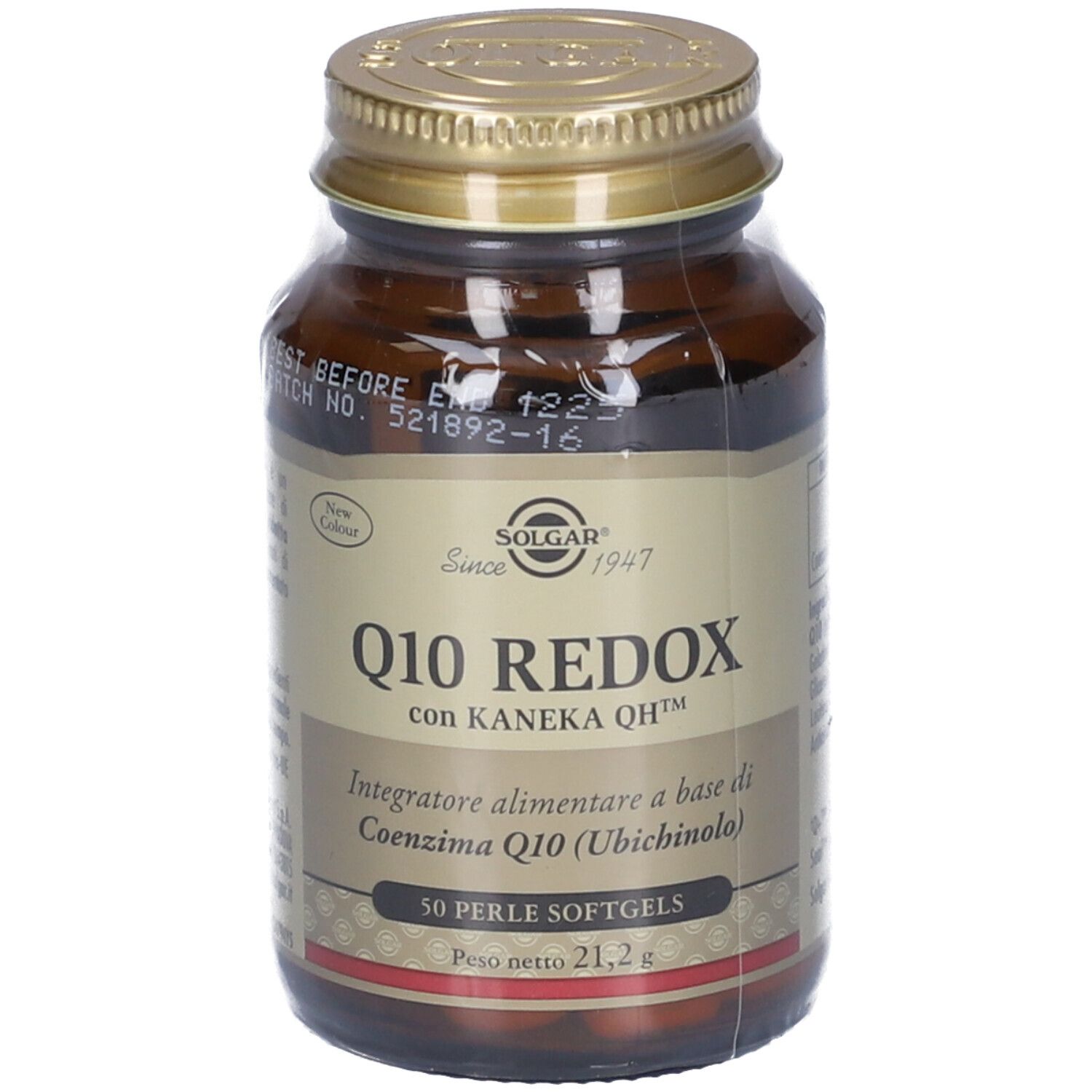 Flacone in vetro marrone SOLGAR Q10 REDOX. Tappo dorato. 50 softgels. Etichetta con informazioni sul prodotto.