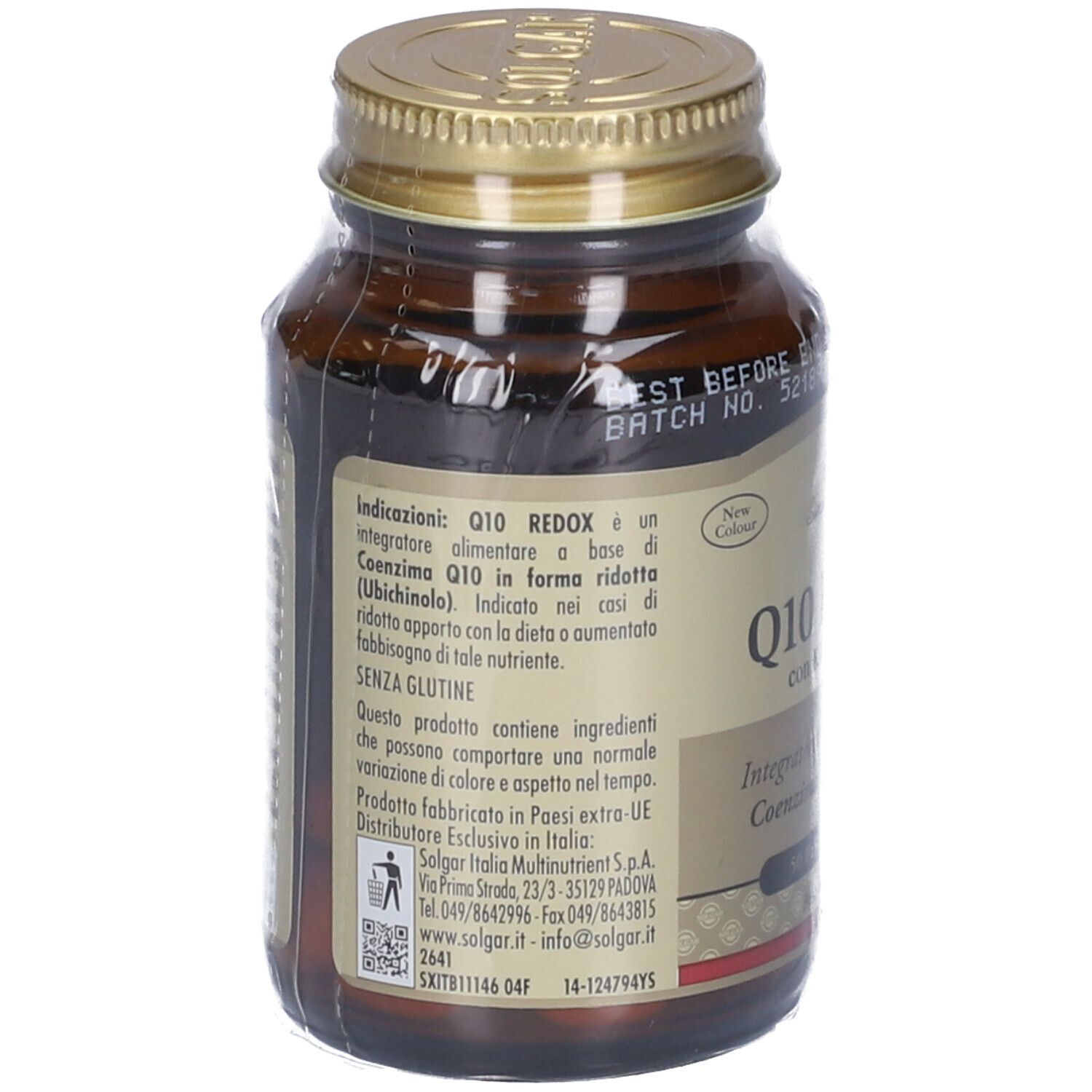 Retro del flacone SOLGAR Q10 REDOX. Etichetta con informazioni, ingredienti e indirizzo del produttore.