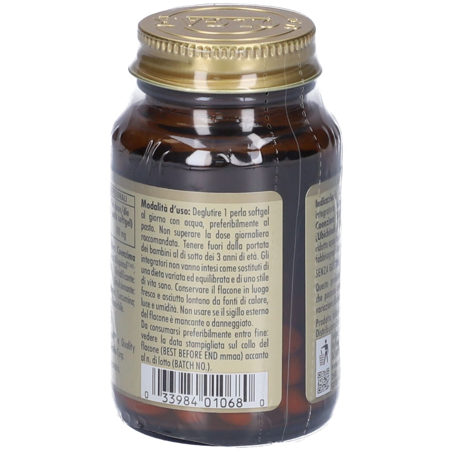 Retro del flacone SOLGAR Q10 REDOX. Etichetta con istruzioni per l'uso e data di scadenza.