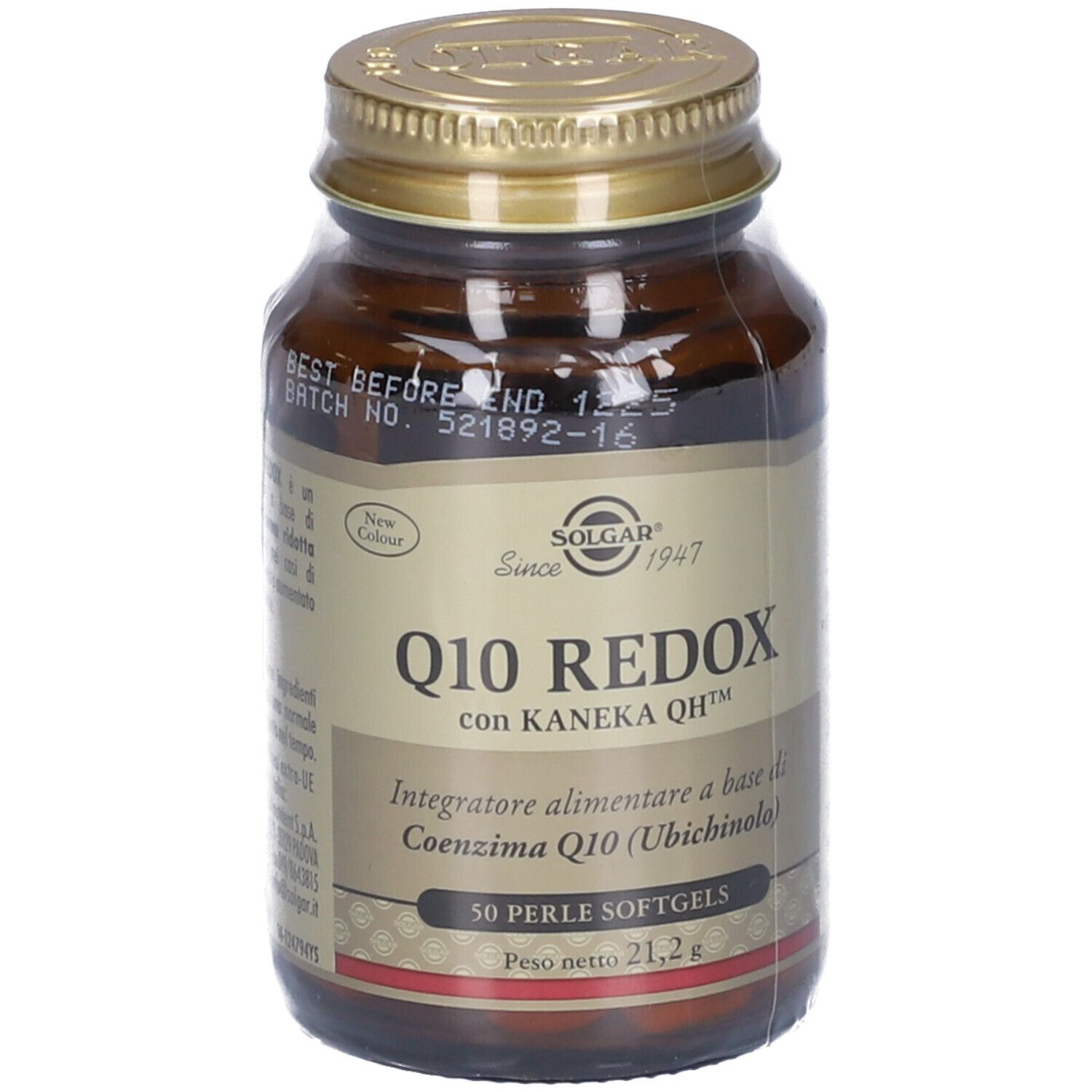 Flacone in vetro marrone SOLGAR Q10 REDOX. Tappo dorato. 50 softgels. Etichetta con informazioni.