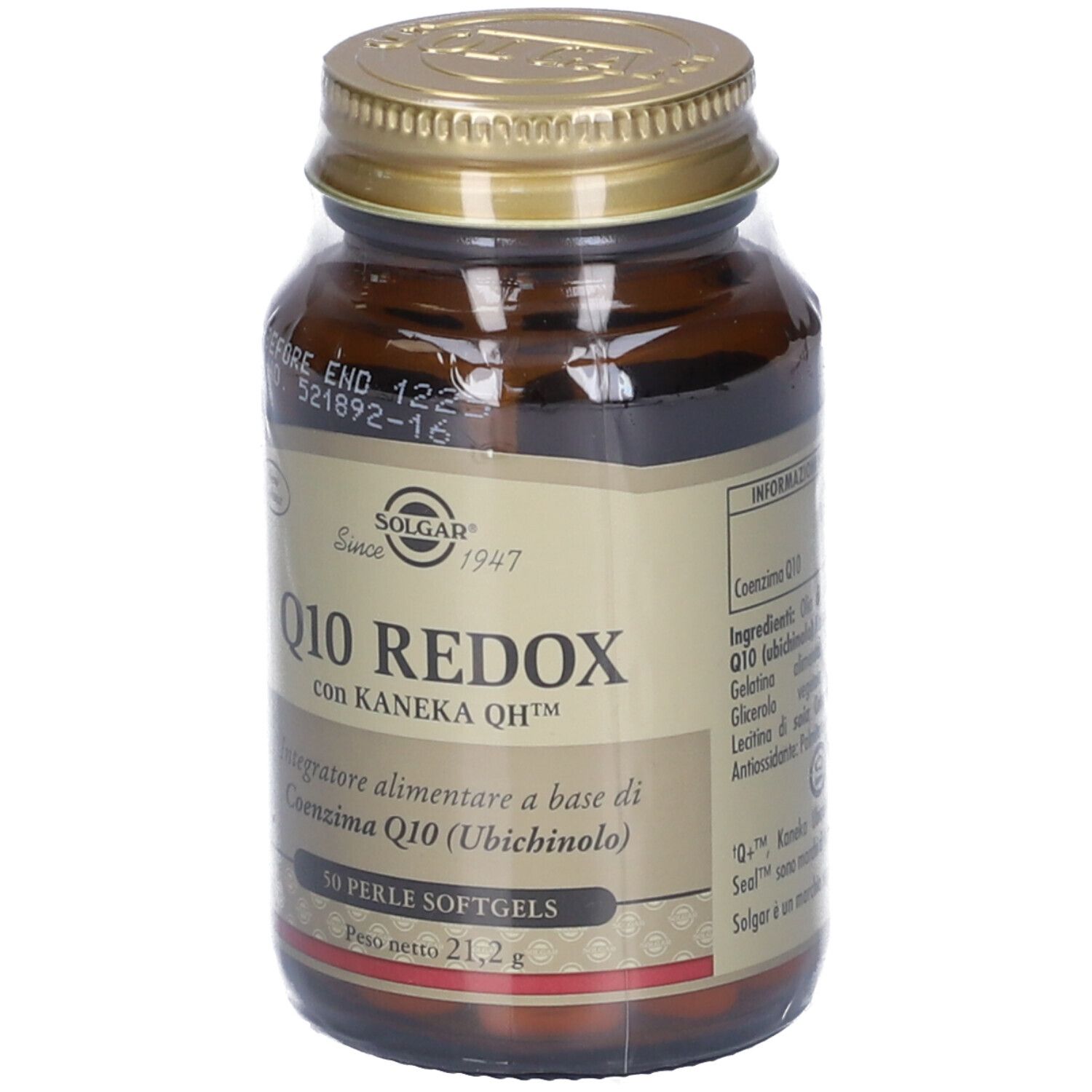 Flacone in vetro marrone SOLGAR Q10 REDOX. Tappo dorato. 50 softgels. Etichetta con informazioni.