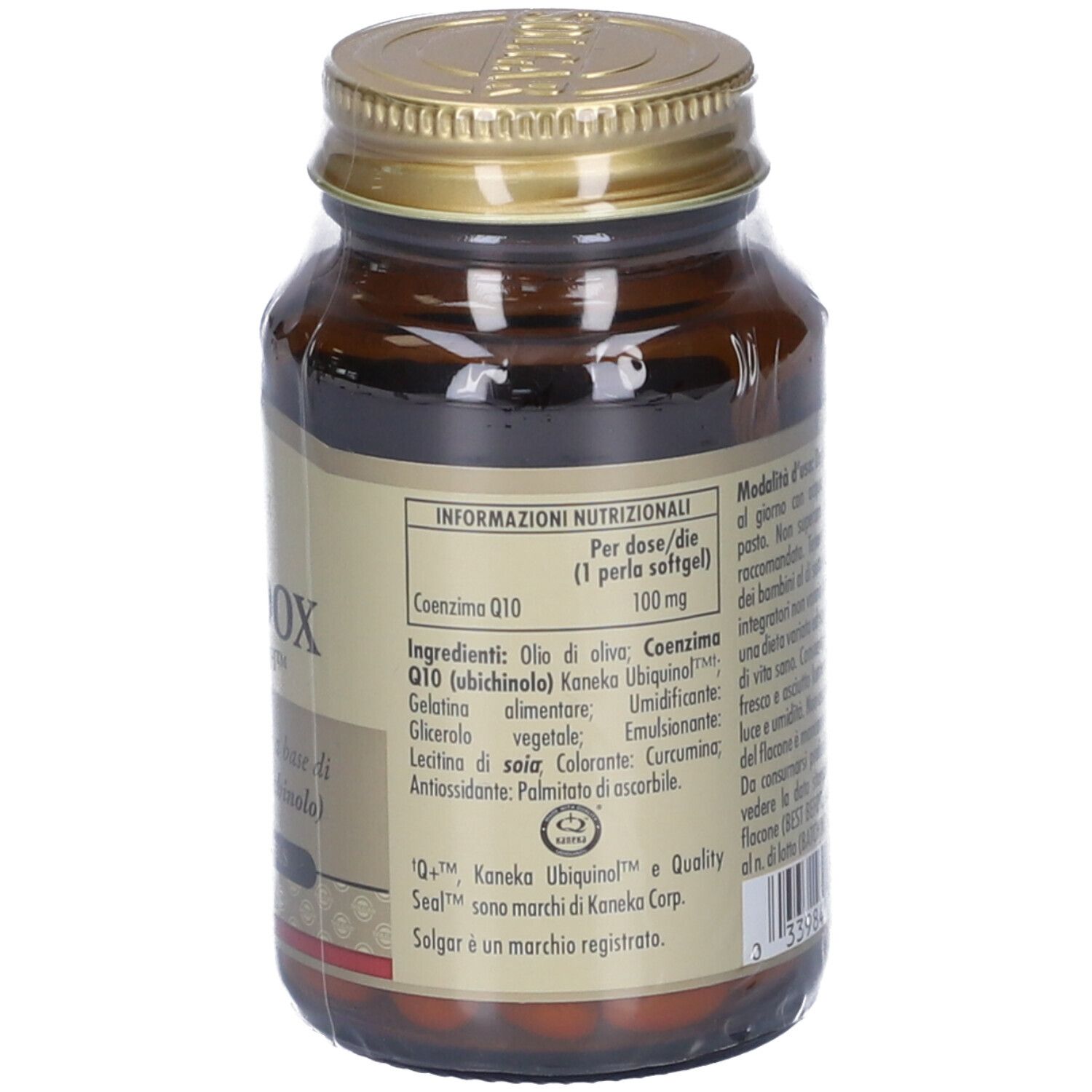 Retro del flacone SOLGAR Q10 REDOX. Etichetta con informazioni nutrizionali e ingredienti.