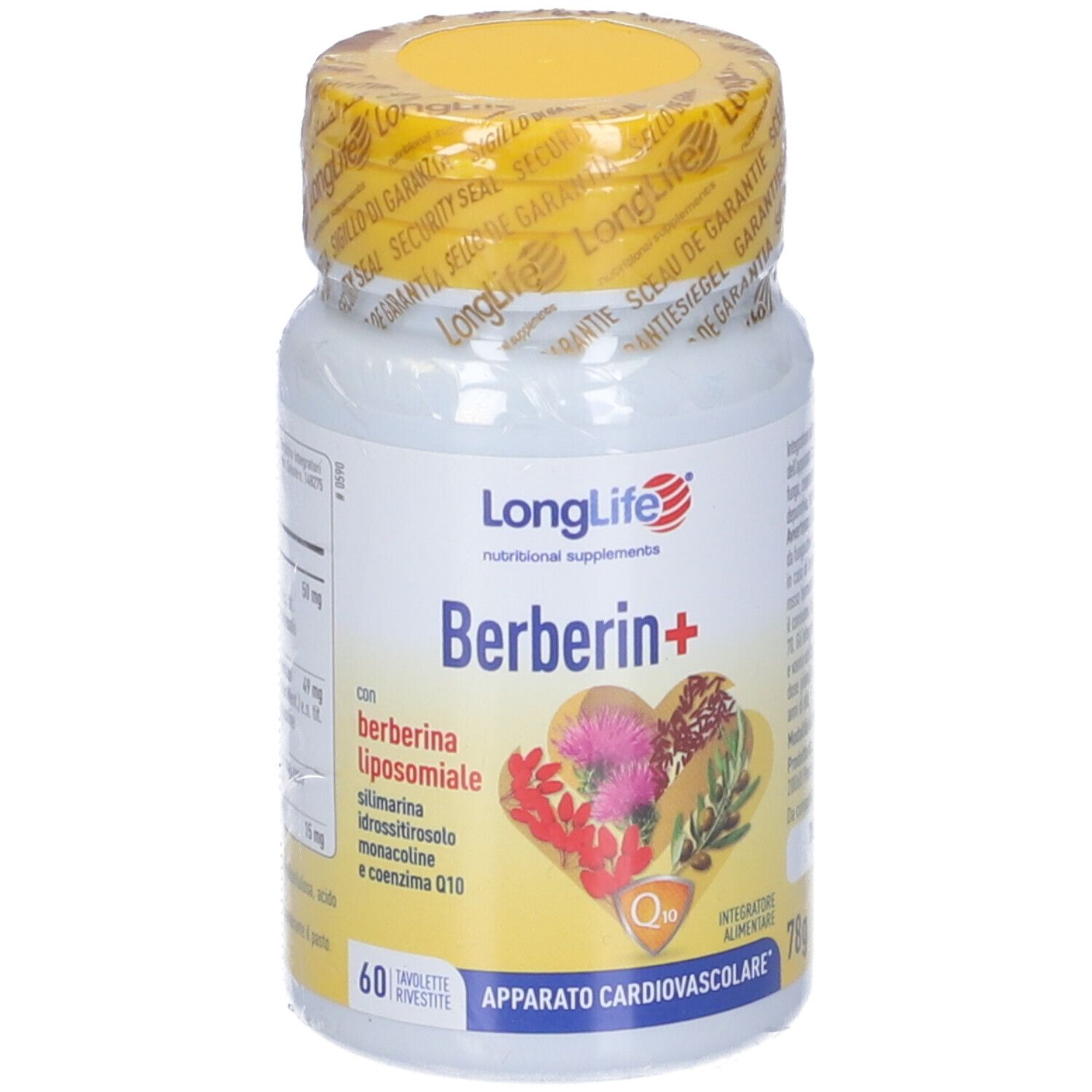 Flacone bianco sigillato con tappo giallo. Scritta LongLife Berberin+. 60 compresse. Illustrazione a forma di cuore.
