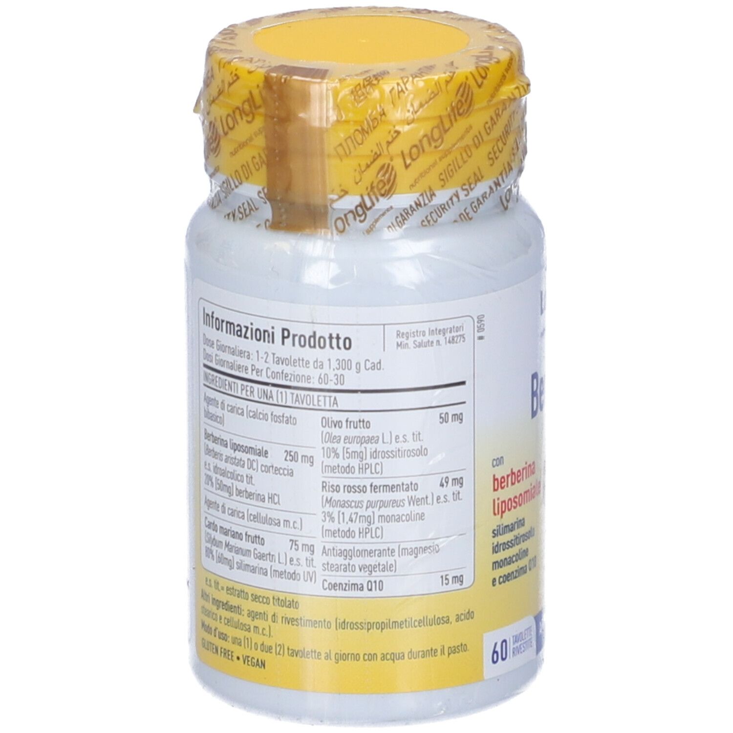 Retro del flacone. Contiene informazioni sugli ingredienti e i valori nutrizionali. Tappo giallo, sigillato.