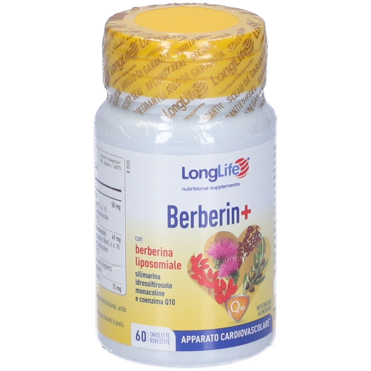 Flacone bianco sigillato con tappo giallo. Scritta LongLife Berberin+. 60 compresse. Illustrazione a forma di cuore.