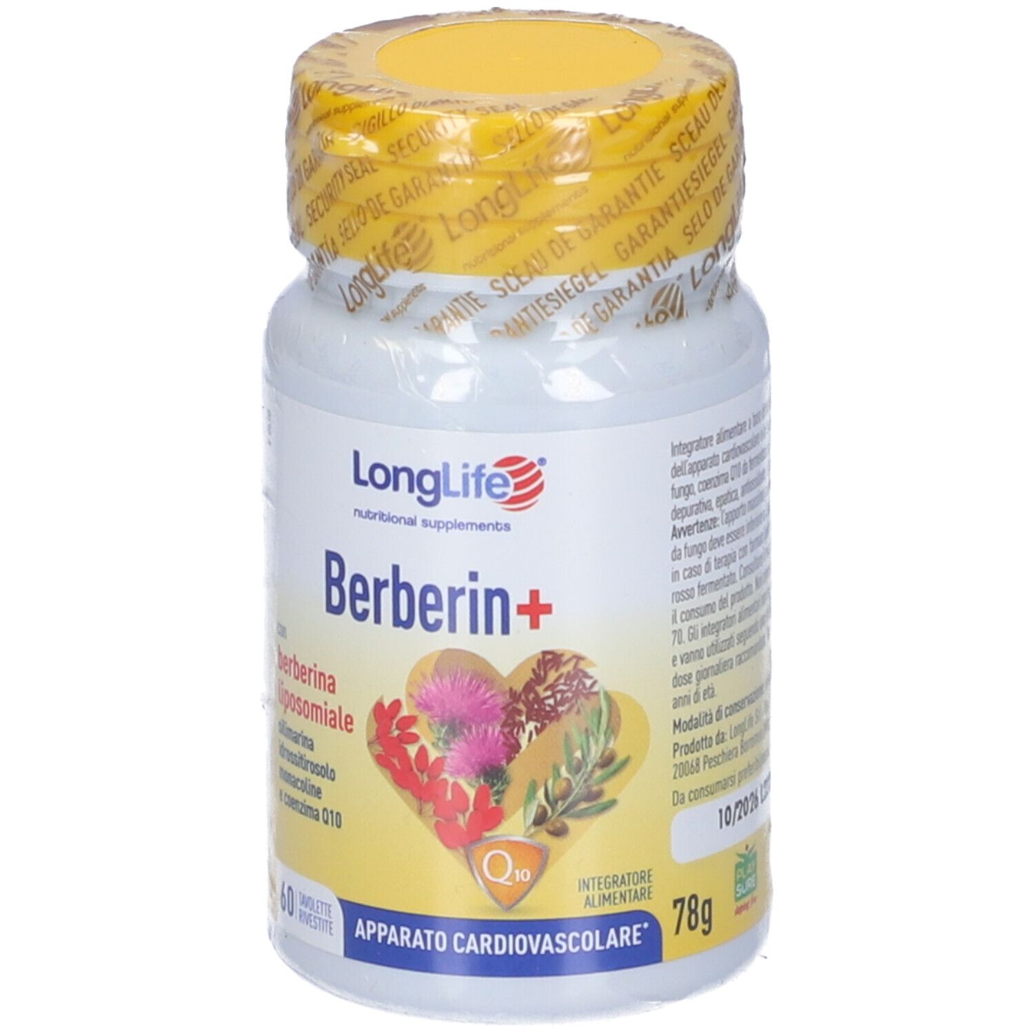 Flacone bianco sigillato con tappo giallo. Scritta LongLife Berberin+. 60 compresse. Illustrazione a forma di cuore.