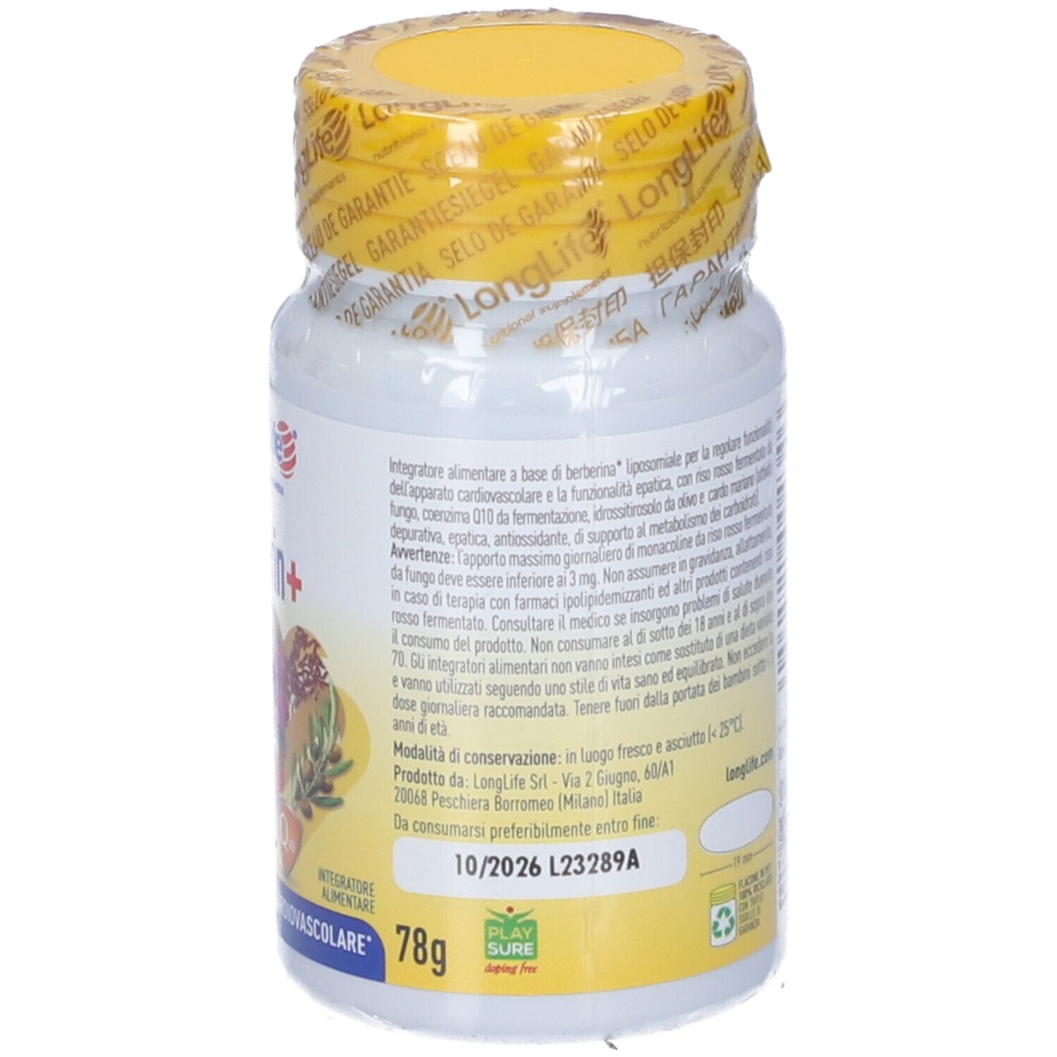 Retro del flacone. Contiene informazioni sugli ingredienti e i valori nutrizionali. Tappo giallo, sigillato.