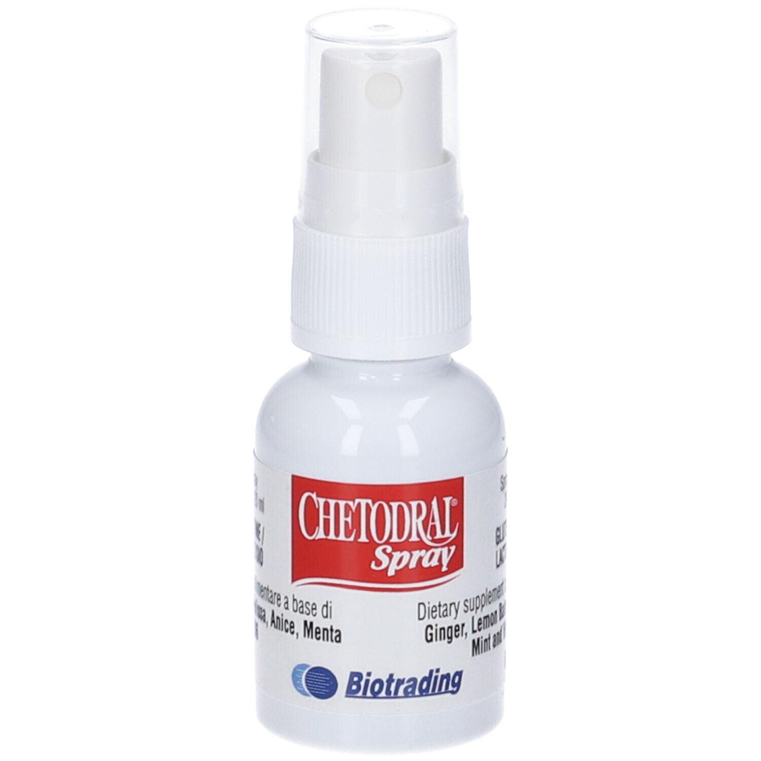 Flacone spray bianco con etichetta rossa. Contiene Chetodral Spray. Ingredienti: zenzero, limone, menta. Produttore: Biotrading.