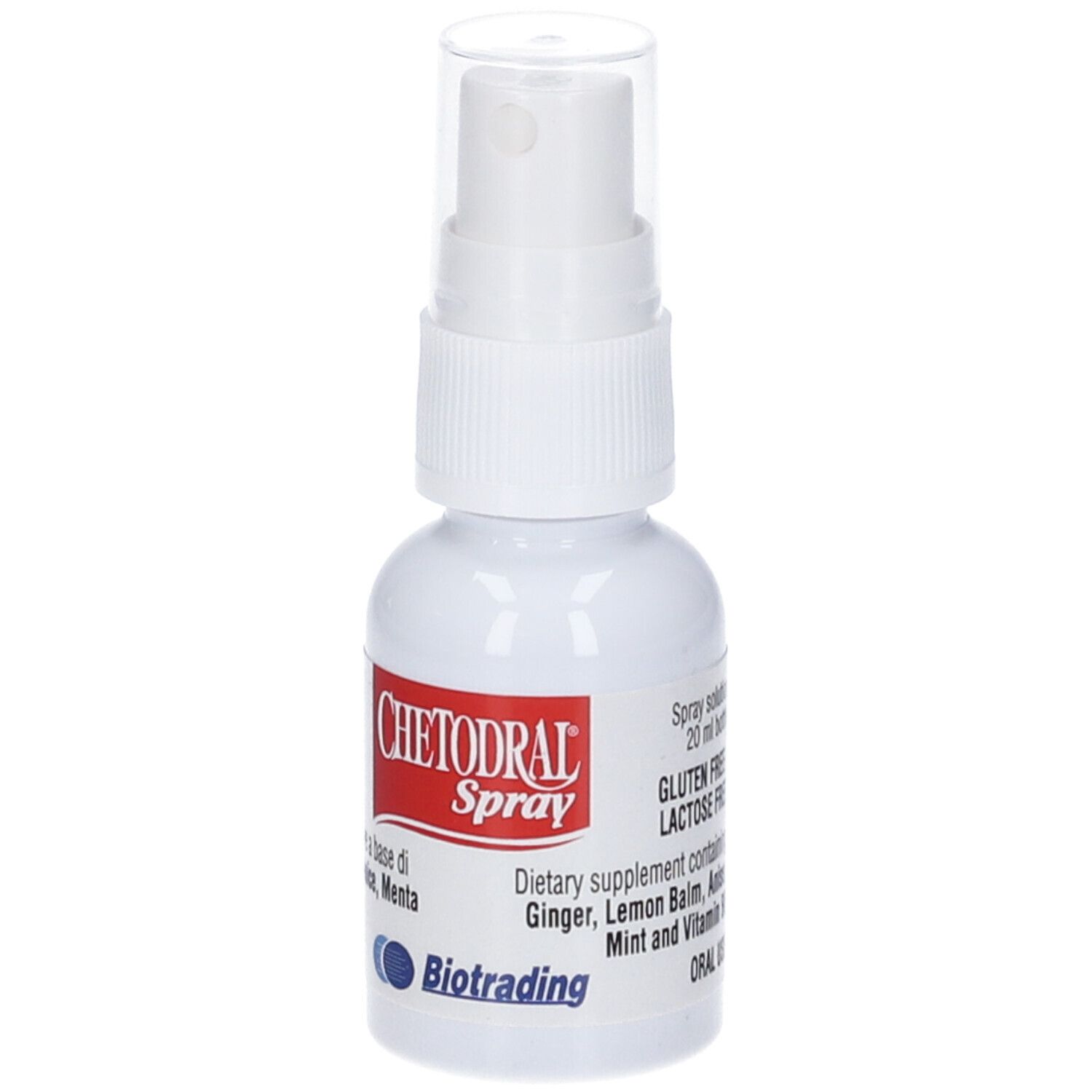 Flacone spray bianco con etichetta rossa. Contiene Chetodral Spray. Ingredienti: zenzero, limone, menta. Produttore: Biotrading.
