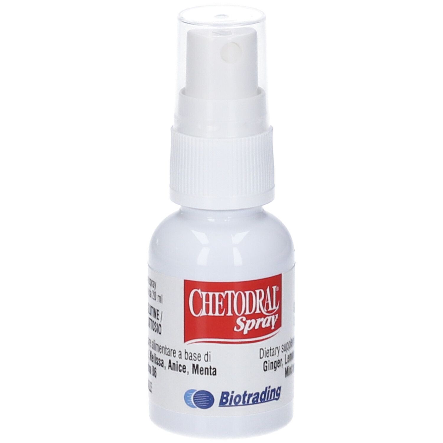 Flacone spray bianco con etichetta rossa. Contiene Chetodral Spray. Ingredienti: zenzero, limone, menta. Produttore: Biotrading.