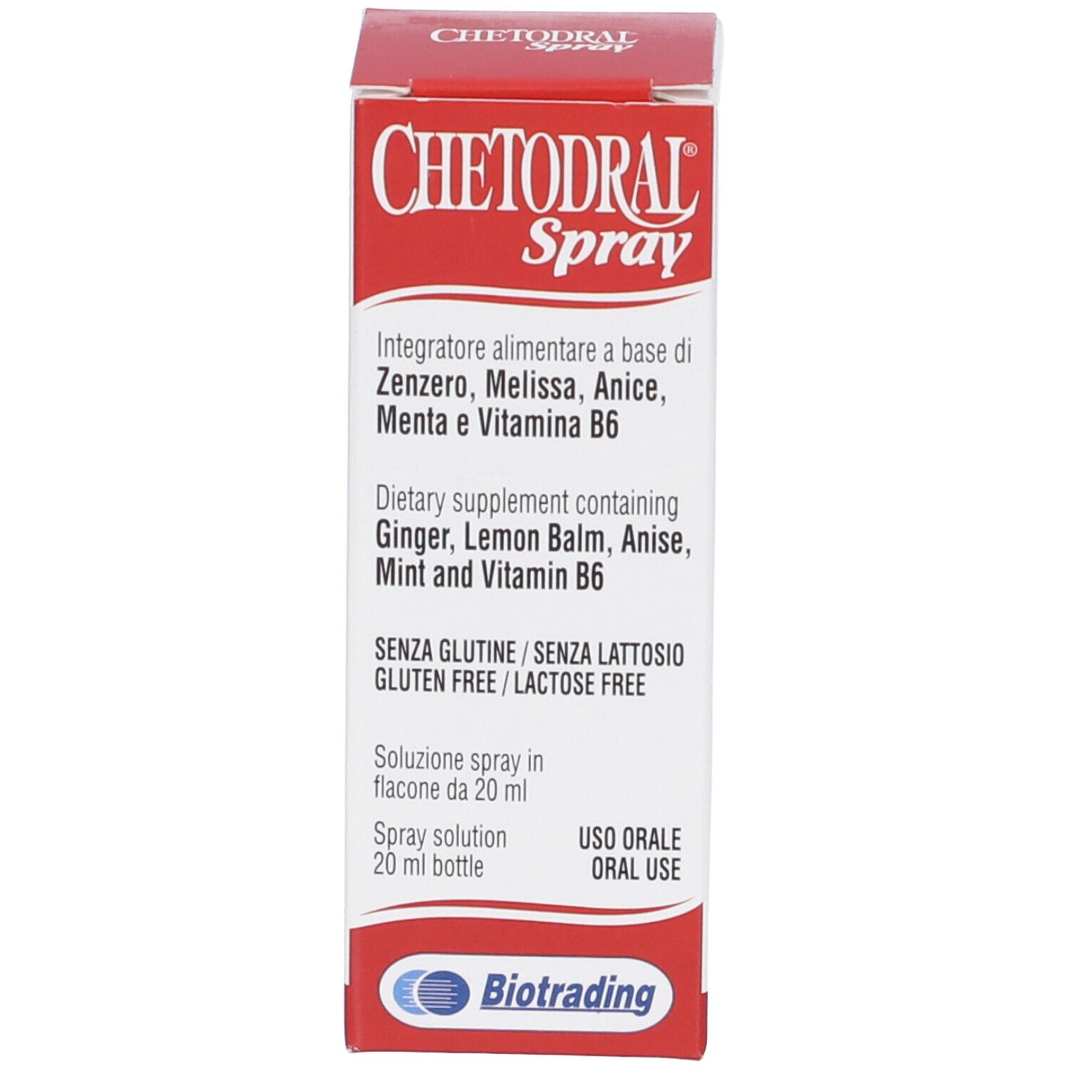 Confezione del prodotto. Contiene Chetodral Spray. Senza glutine/lattosio. Per uso orale. Produttore: Biotrading.
