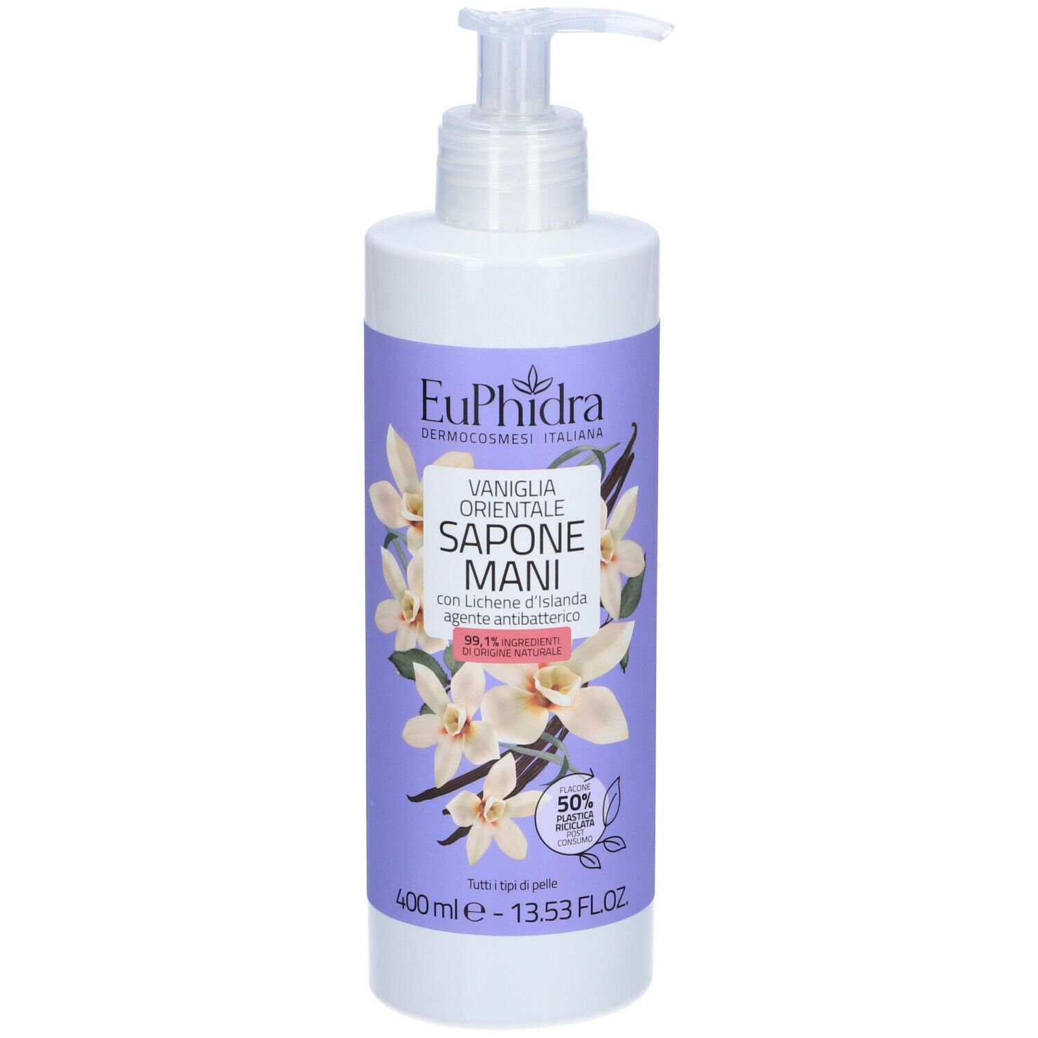 Dispenser bianco con etichetta viola. Scritta: Euphidra, Vaniglia Orientale Sapone Mani. Con fiori e baccelli di vaniglia.
