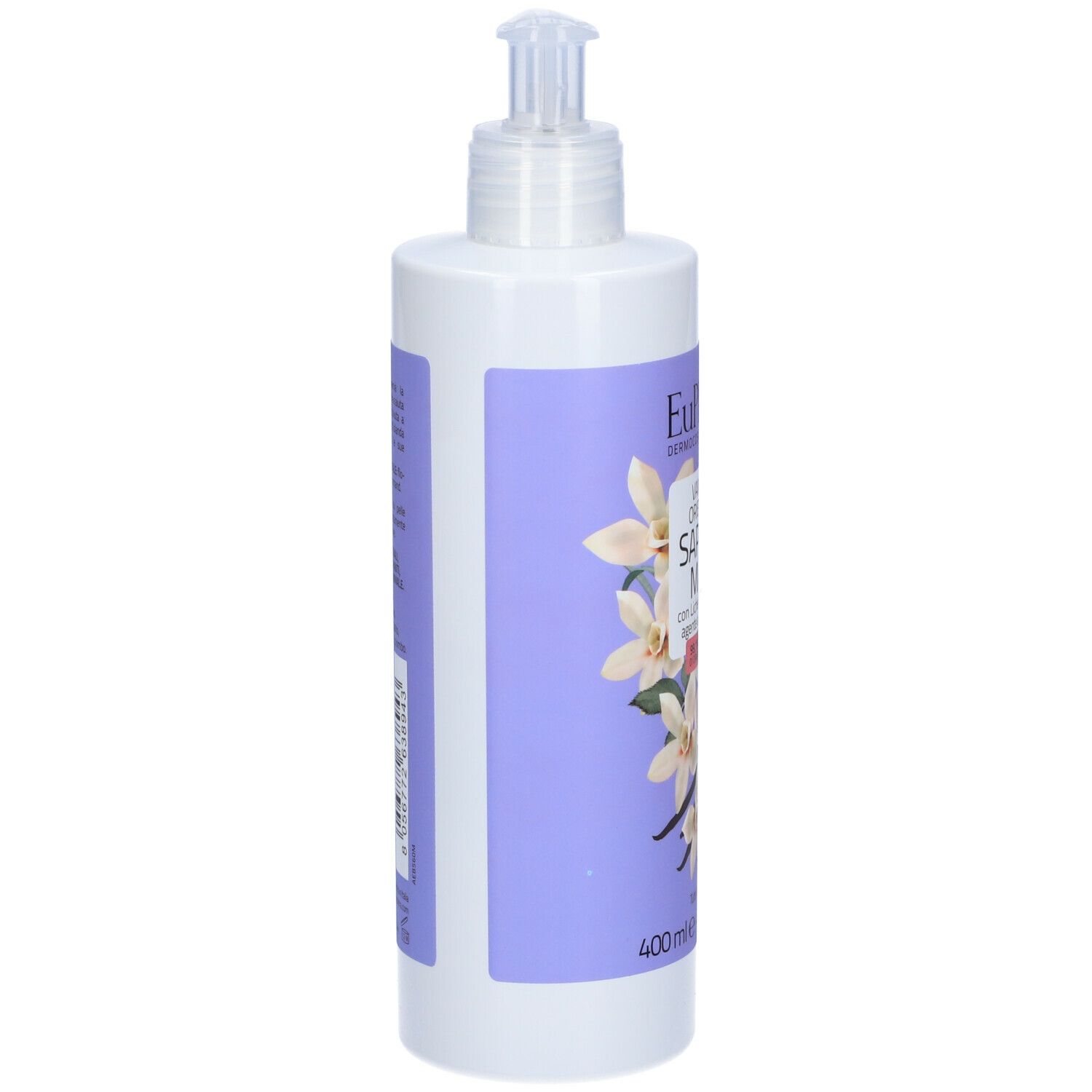 Dispenser bianco con etichetta viola. Scritte e illustrazioni di fiori e baccelli di vaniglia. Testina a pompa.