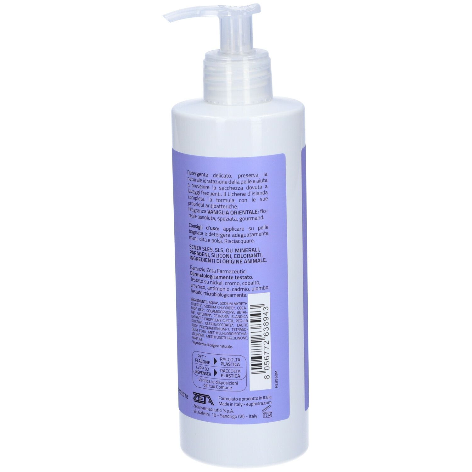 Dispenser bianco con etichetta viola. Testo in italiano. Scritta: Euphidra. Con codice a barre e simboli di riciclo.