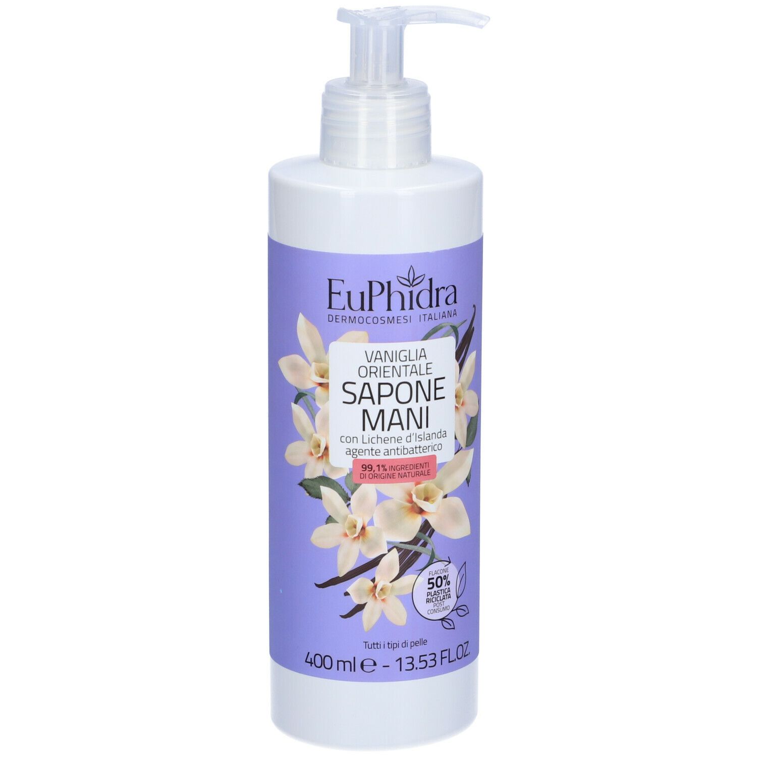 Dispenser bianco con etichetta viola. Scritta: Euphidra, Vaniglia Orientale Sapone Mani. Con fiori e baccelli di vaniglia.