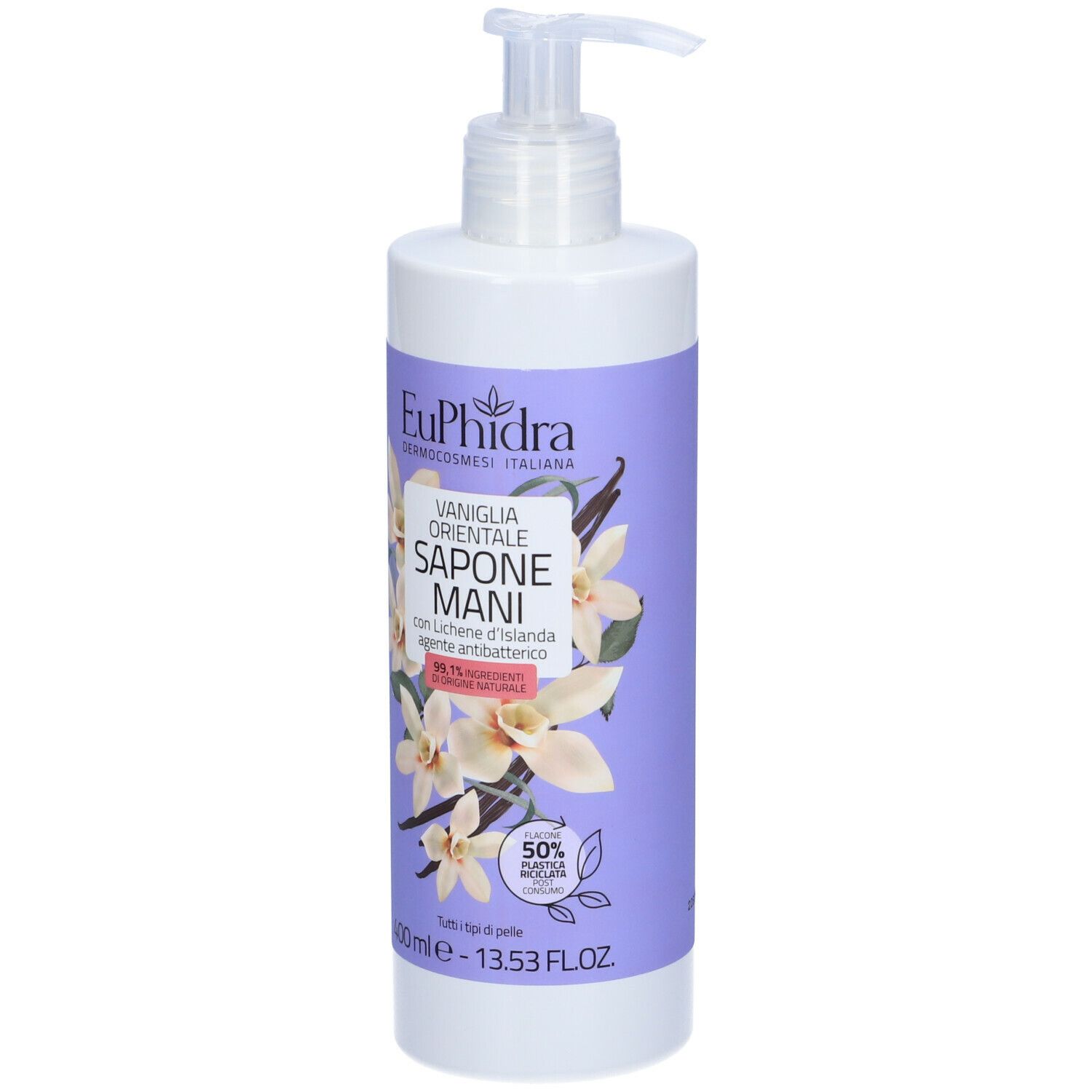 Dispenser bianco con etichetta viola. Scritta: Euphidra, Vaniglia Orientale Sapone Mani. Con fiori e baccelli di vaniglia.