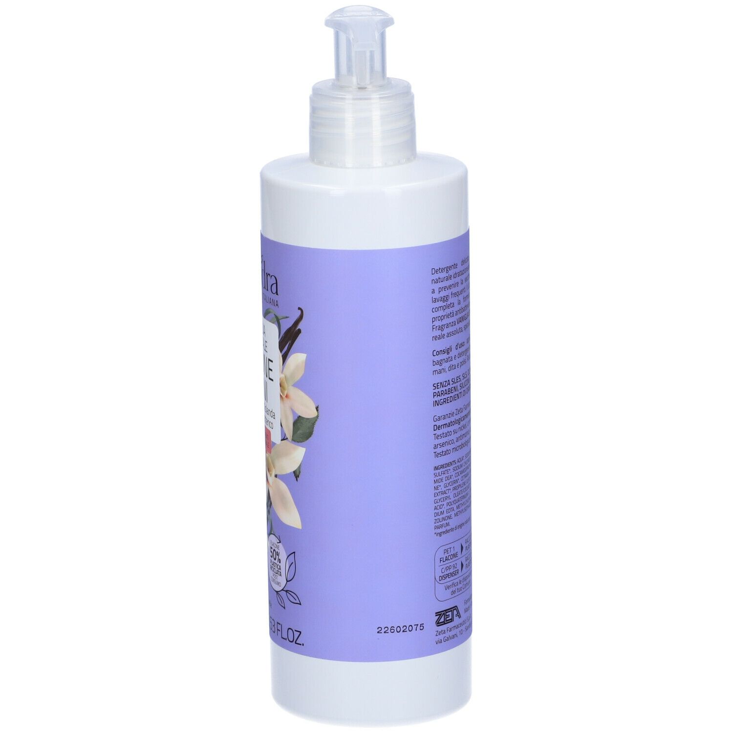Dispenser bianco con etichetta viola. Testo in italiano. Scritta: Euphidra. Con codice a barre e simboli di riciclo.