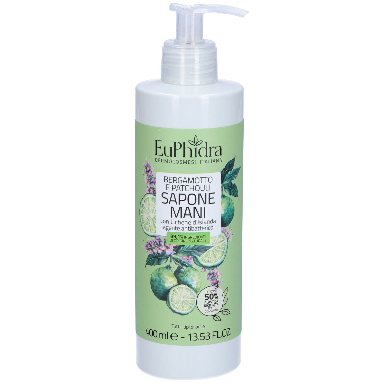 Dispenser bianco con etichetta verde. Scritta: Euphidra, Bergamotto e Patchouli, Sapone Mani. Con pompa.