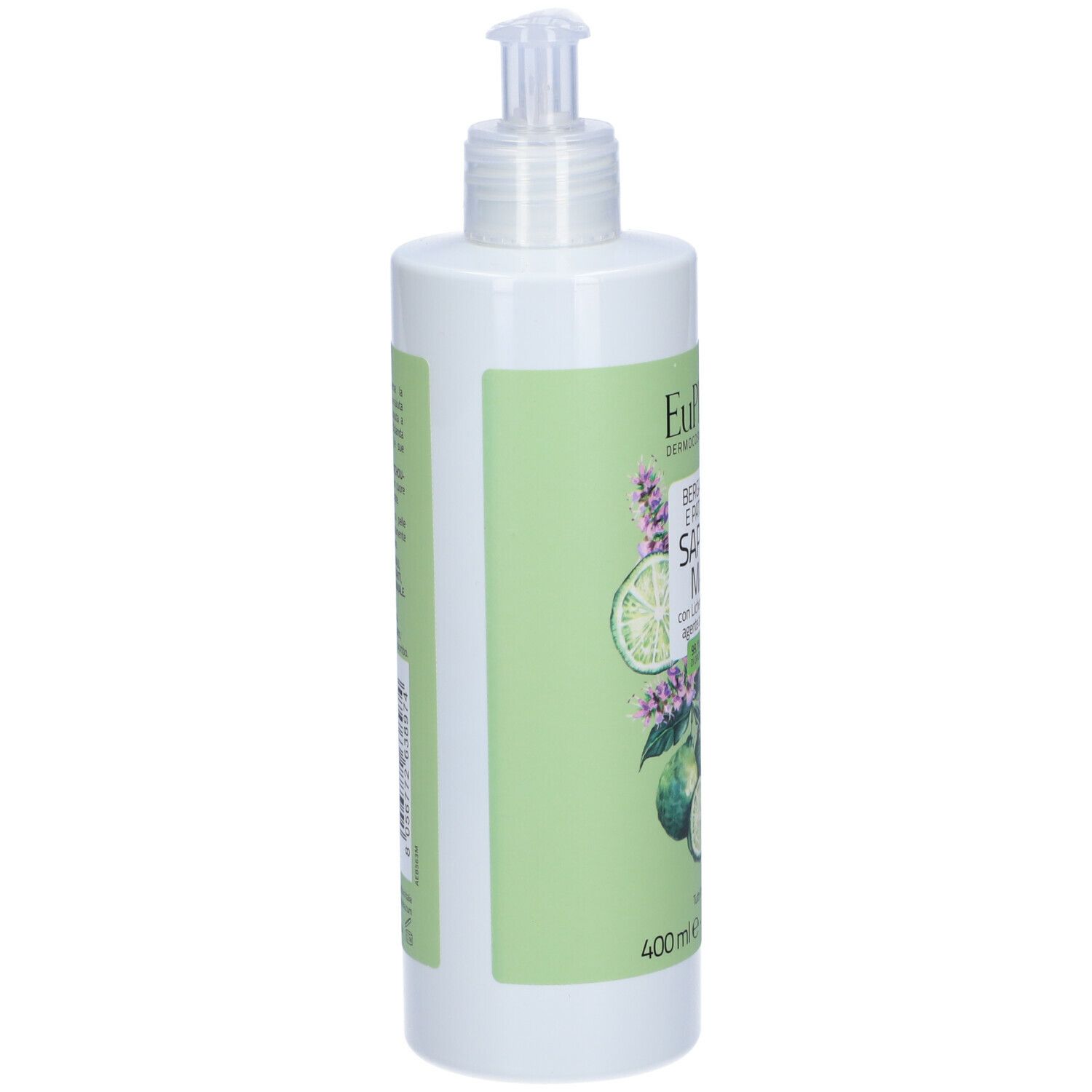 Dispenser bianco con etichetta verde. Scritta: Euphidra, Sapone Mani. Vista laterale.