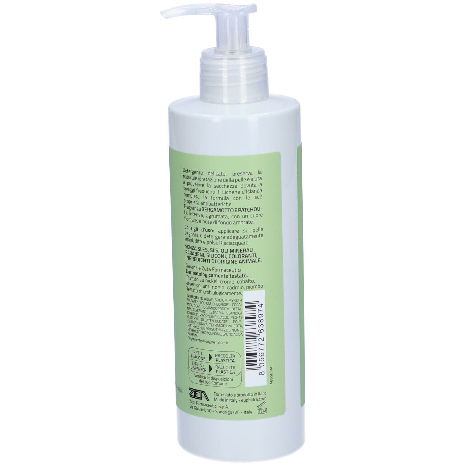 Dispenser bianco con etichetta verde. Testo in italiano. Vista posteriore.