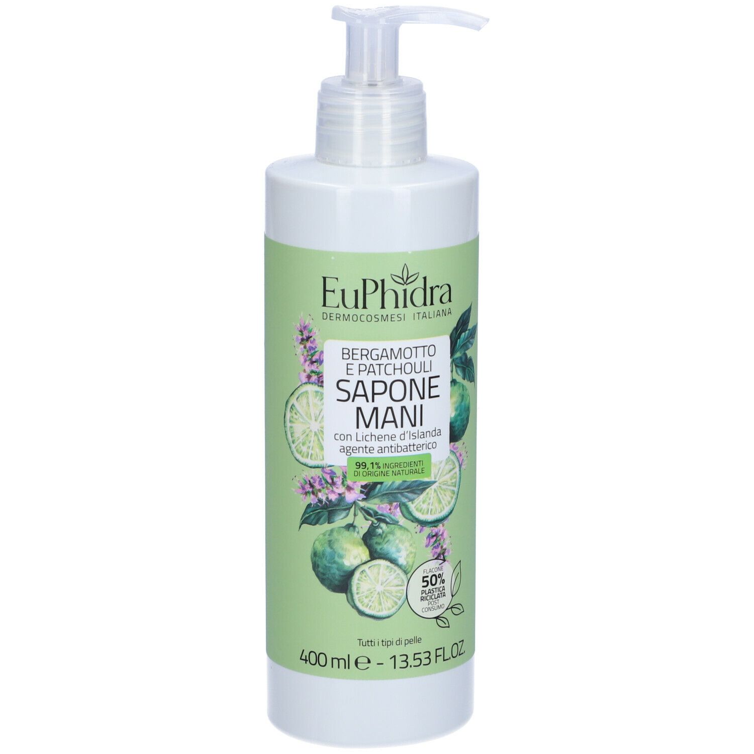Dispenser bianco con etichetta verde. Scritta: Euphidra, Bergamotto e Patchouli, Sapone Mani. Con pompa.