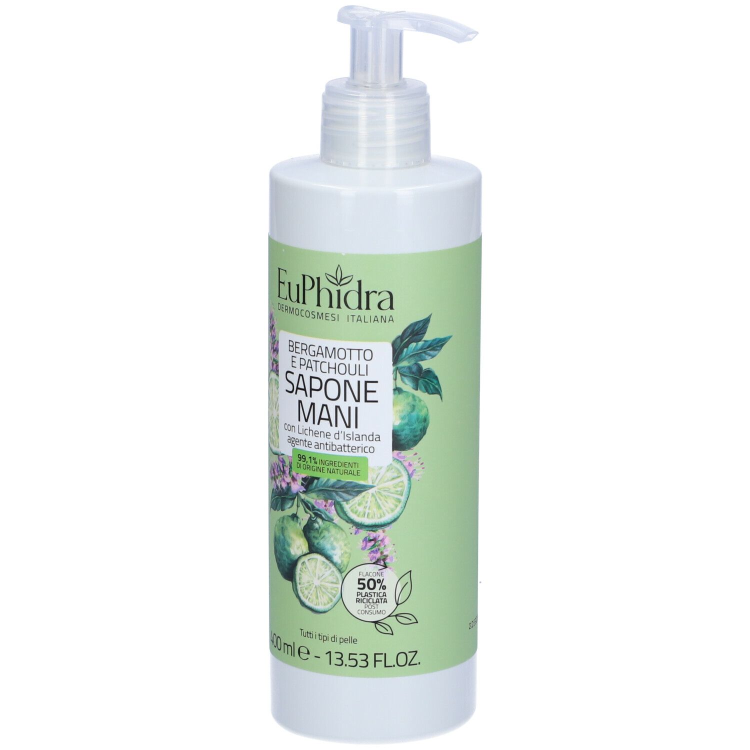 Dispenser bianco con etichetta verde. Scritta: Euphidra, Bergamotto e Patchouli, Sapone Mani. Con pompa.