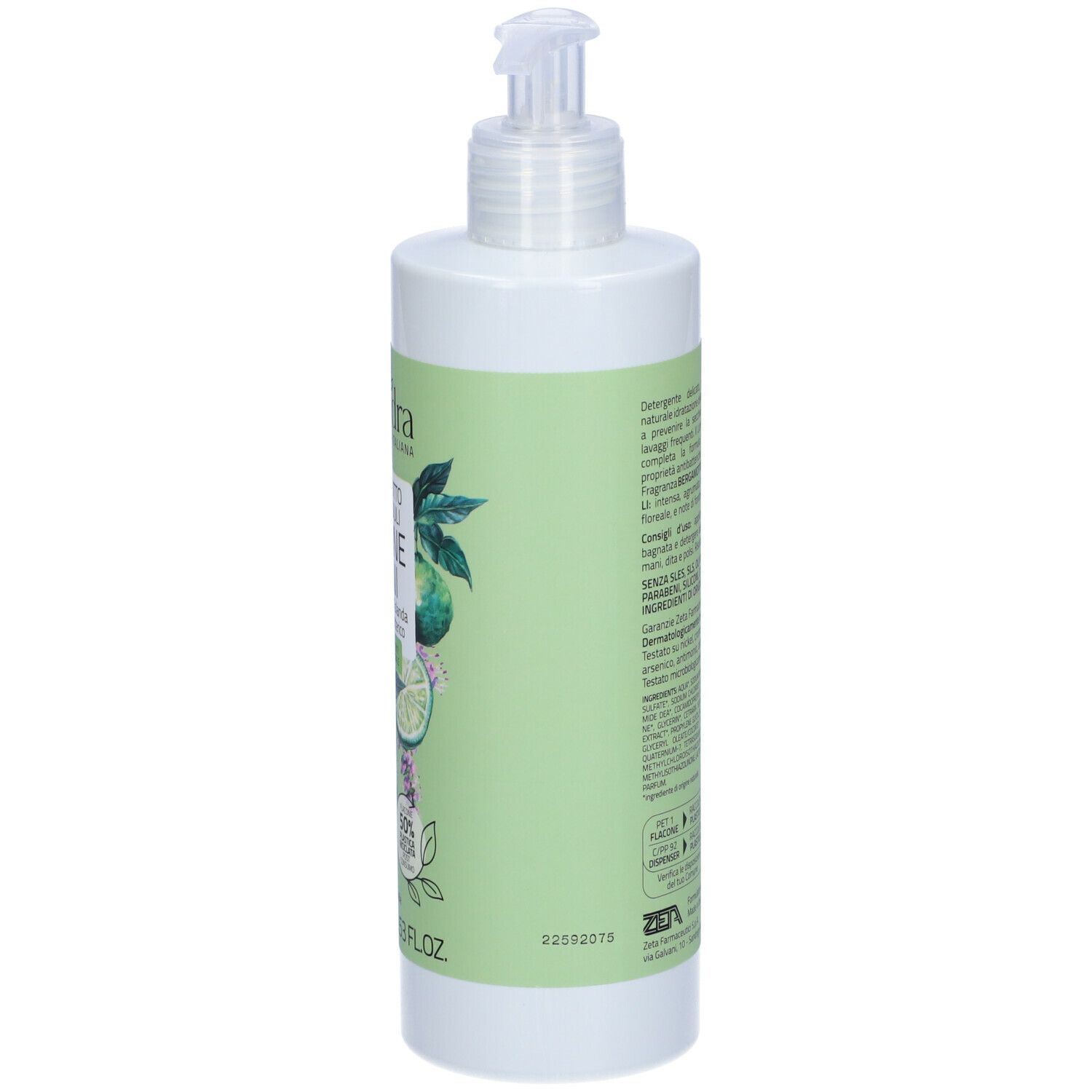 Dispenser bianco con etichetta verde. Testo in italiano. Vista posteriore.