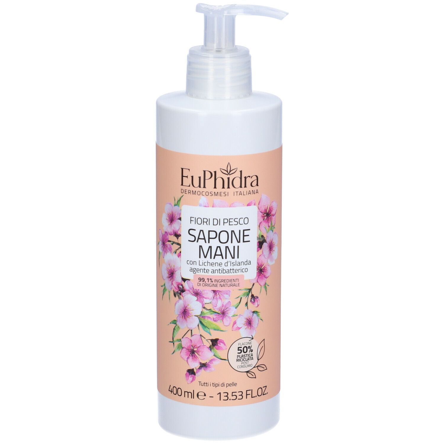 Flacone bianco con etichetta rosa. Scritta: Euphidra, Fiori di Pesco, Sapone Mani. Con dosatore.