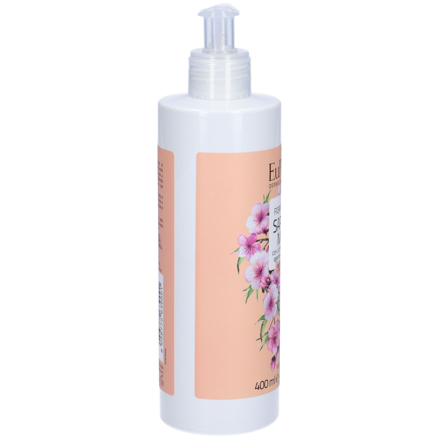 Flacone bianco con etichetta rosa. Scritta: Euphidra, Fiori di Pesco, Sapone Mani. Con dosatore.