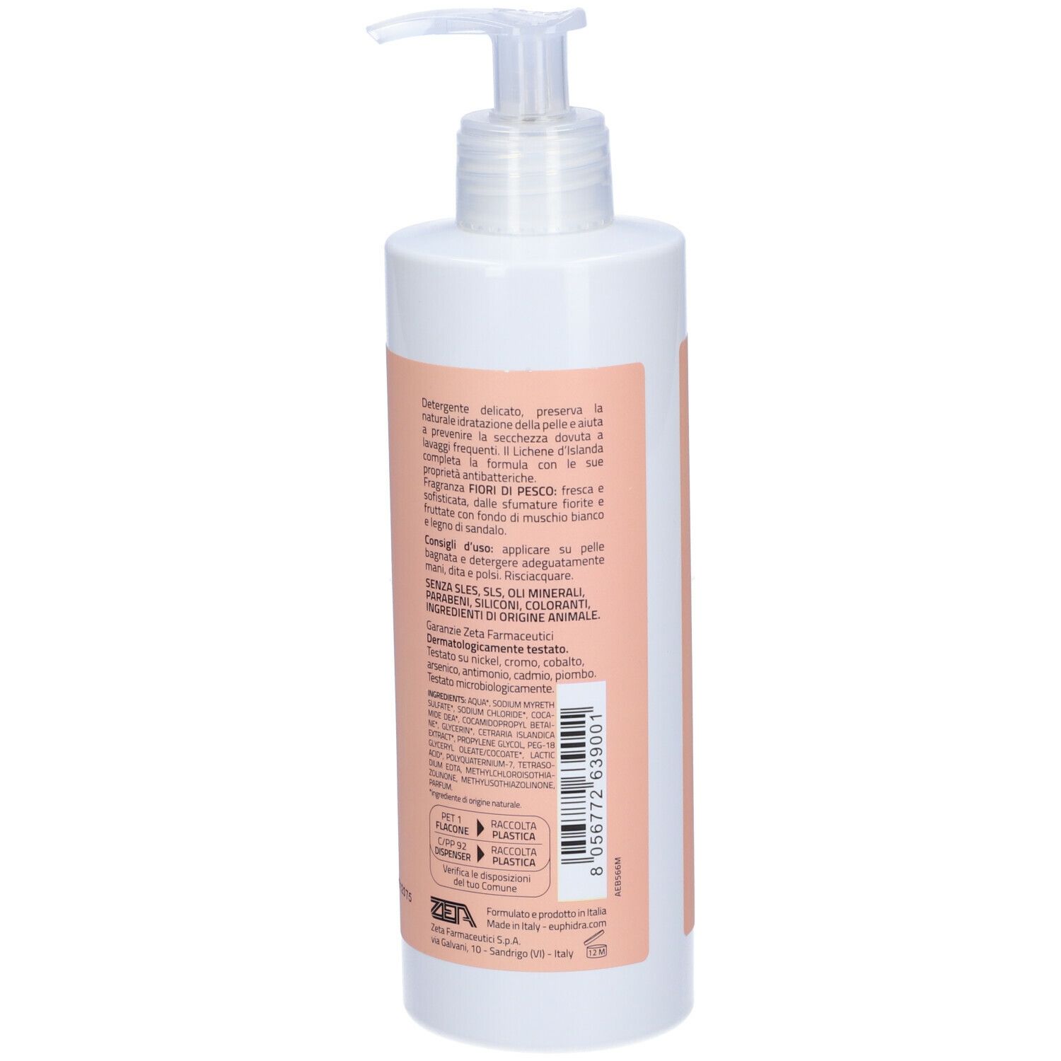 Flacone bianco con etichetta rosa. Testo in italiano. Con dosatore. Informazioni sul prodotto sul retro.