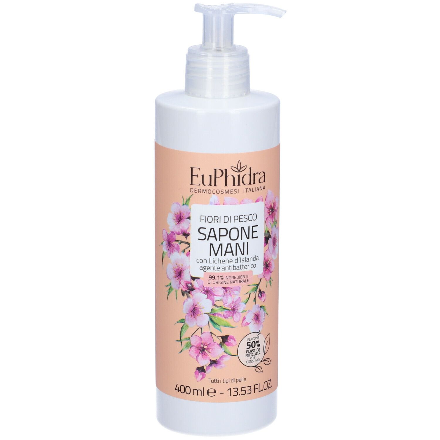 Flacone bianco con etichetta rosa. Scritta: Euphidra, Fiori di Pesco, Sapone Mani. Con dosatore.